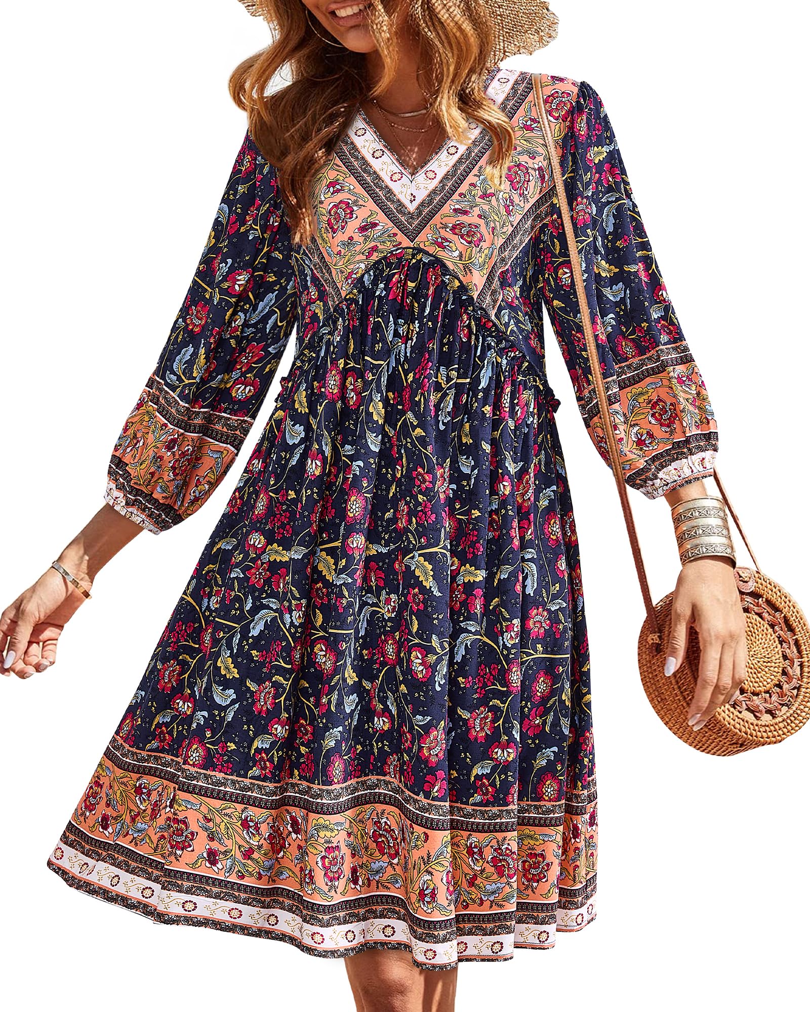 BTFBM Women Casual Spring Summer Dresses V Neck 3/4 Long Sleeve Ruffle Floral Flowy Boho Babydoll Mini Short Beach Dress