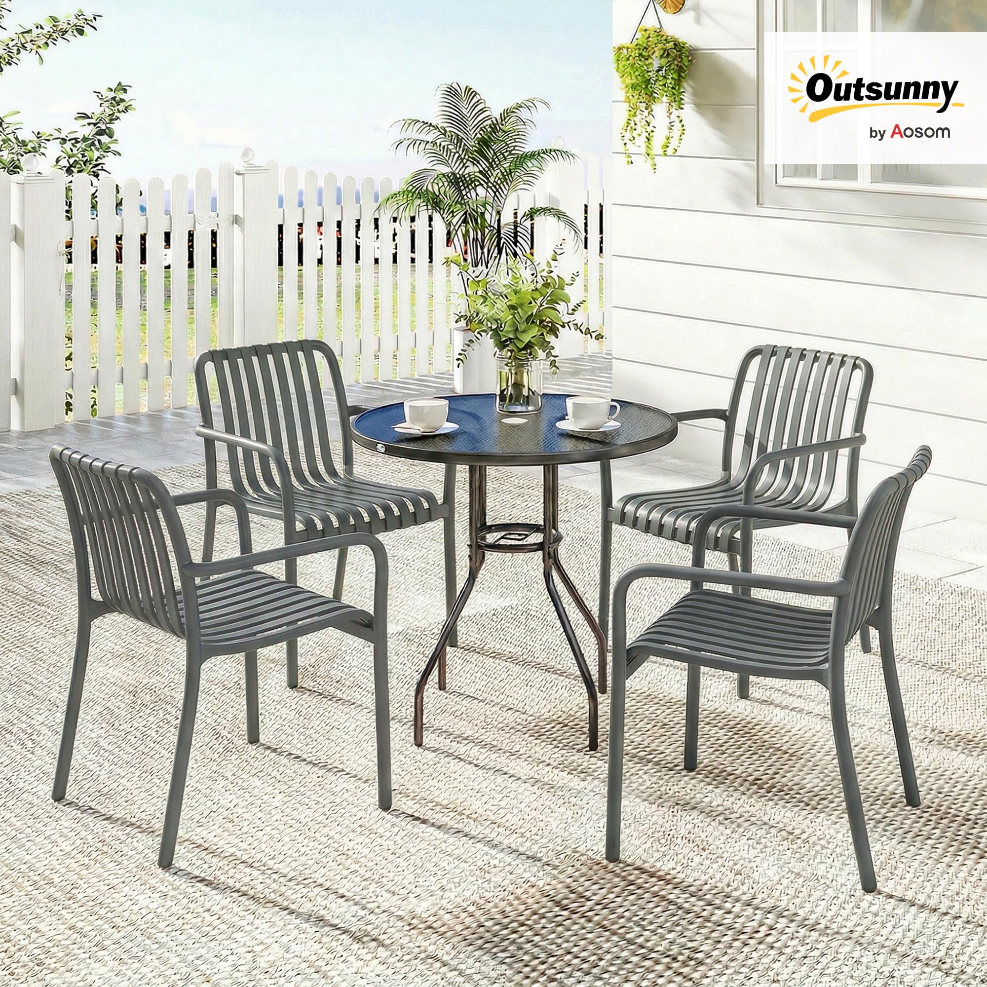 Outsunny Gartenstühle 4er Set Stapelbare Terrassenstühle mit Lamelldesign Armlehnen, Ergonomisch Balkonstühle bis 120 kg Stapelstühle für Garten, Balkon, Terrasse 55 x 58,5 x 81,5 cm Dunkelgrau