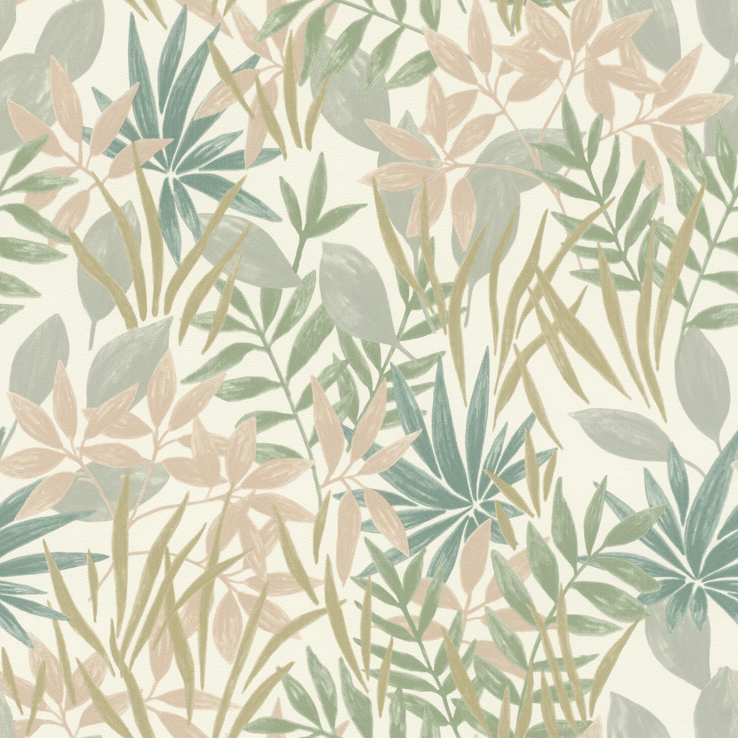 Rasch Green Non-Woven Wallpaper Leaves & Branches - Vinyl Wallpaper Botanical In White Brown Olive For An Exotic Living Environment - Robust And Washable - 10.05 M X 0.53 M