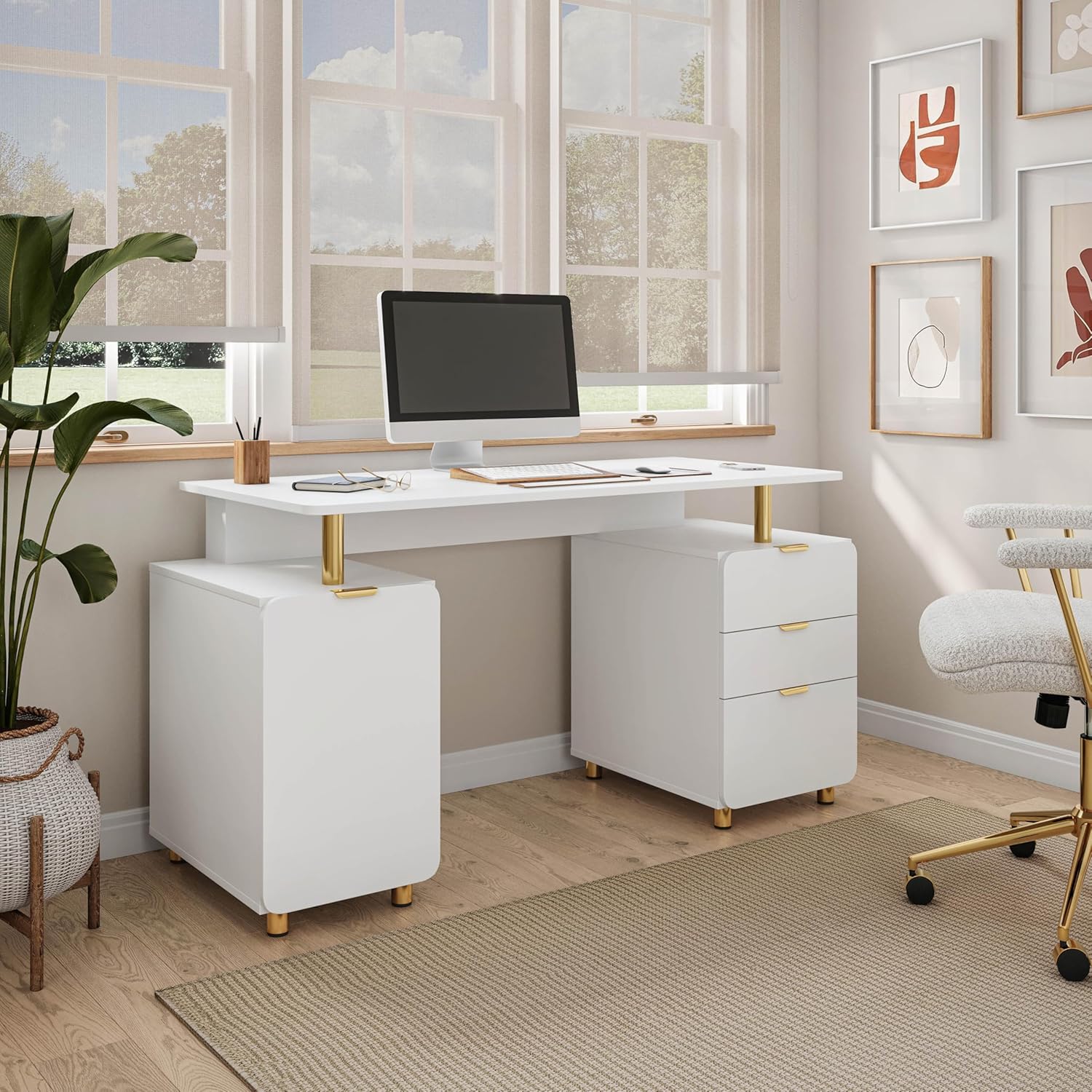 Elegant 56.75" W Executive Desk with 3 Drawers and Storage Cabinet, Modern Office Desk with Gold Accents, Floating Work Surface, Closed Storage with Ventilation & Adjustable Shelf (White,Gold)