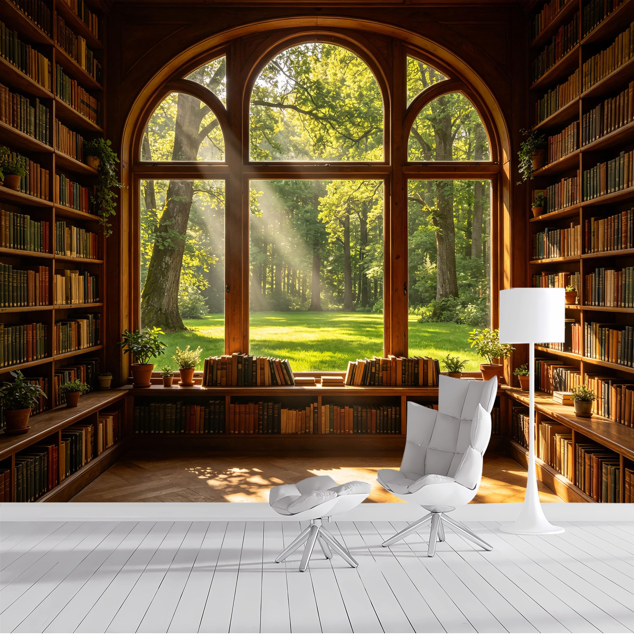 Custom Size Wall Mural Sunlit Forest Window View Library Vintage Wooden Interior SelfAdhesive Wall Fabric Removable Peel and Stick Wallpaper Wall Decor for Living Room Bedroom Bathroom