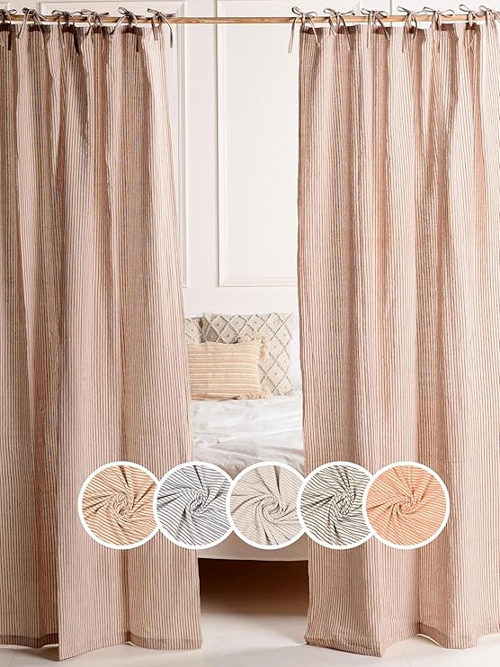 Gauze Striped Curtains, Boho Linen Gauze Tie Top Hanging