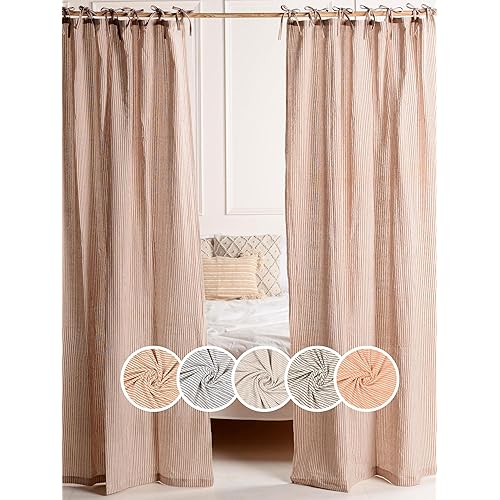 Gauze Striped Curtains, Boho Linen Gauze Tie Top Hanging Curtains Light Filtering Door Window Treatment 2 Panel Curtain Drapes for Living Room Home Décor Maroon on Beige (72"x42" Each Panel)