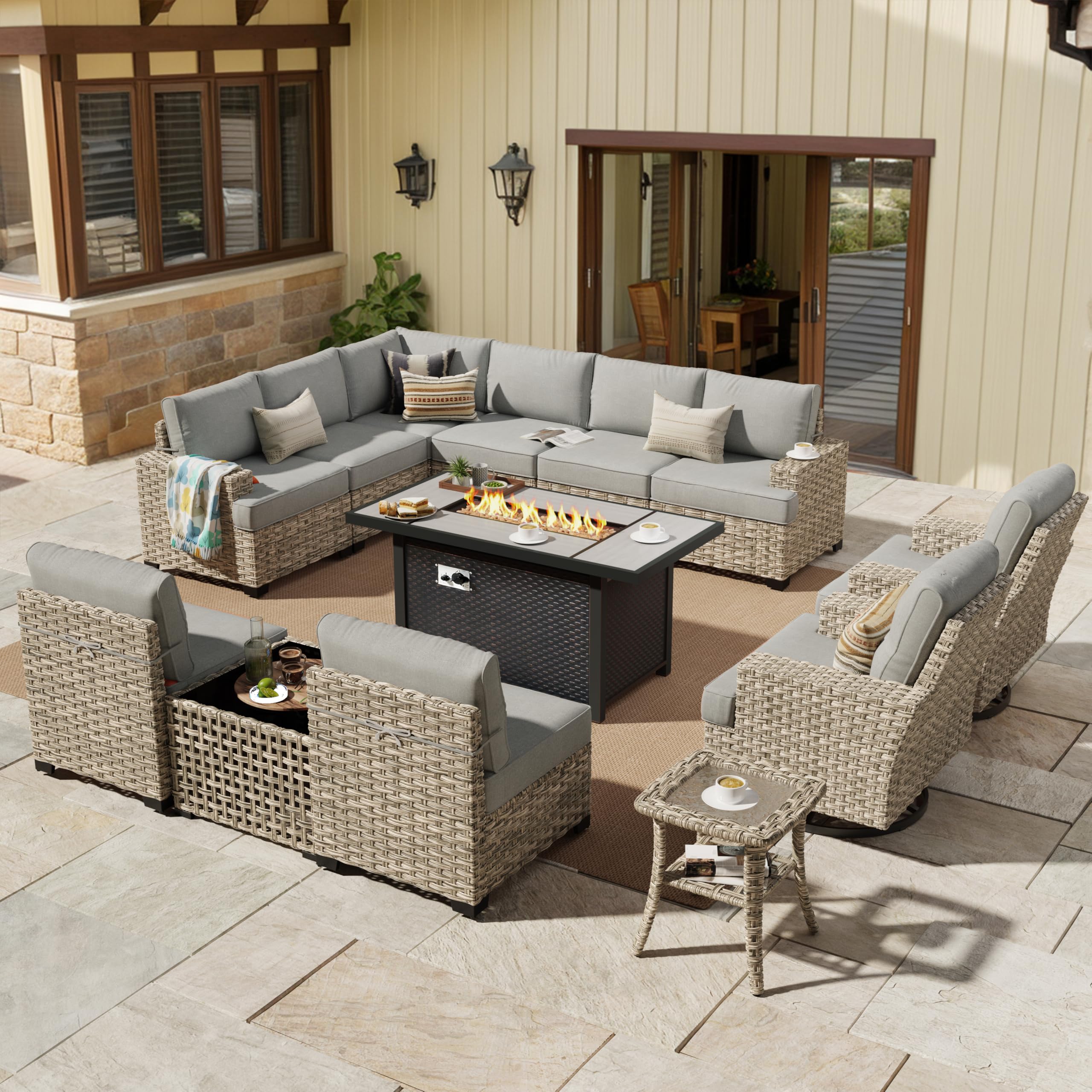 HOOOWOOO Outdoor Sectional Patio Furniture Set with Fire Pit Table,13 Pieces Wicker Conversation Sets L Shaped Couch,Extra Deep Out Door Sofa Outside