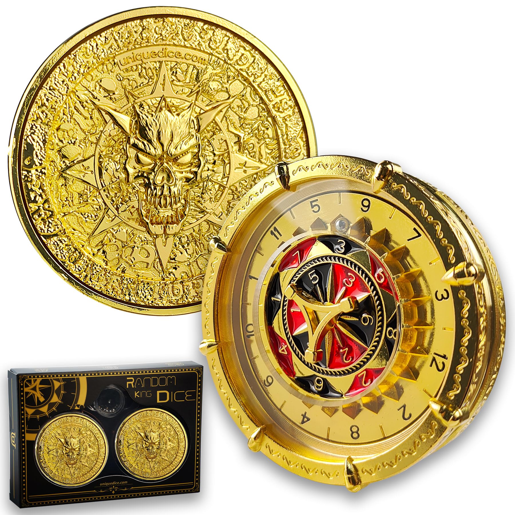 Random Dice King Set (2 pcs) from Unique Dice 7 in 2 Skull Dice Spinner for Dungeons and Dragons Role Playing Dice D&D Dice Set D4, D6, D8, D10, D%, D12 and D20 - Color Casino Gold
