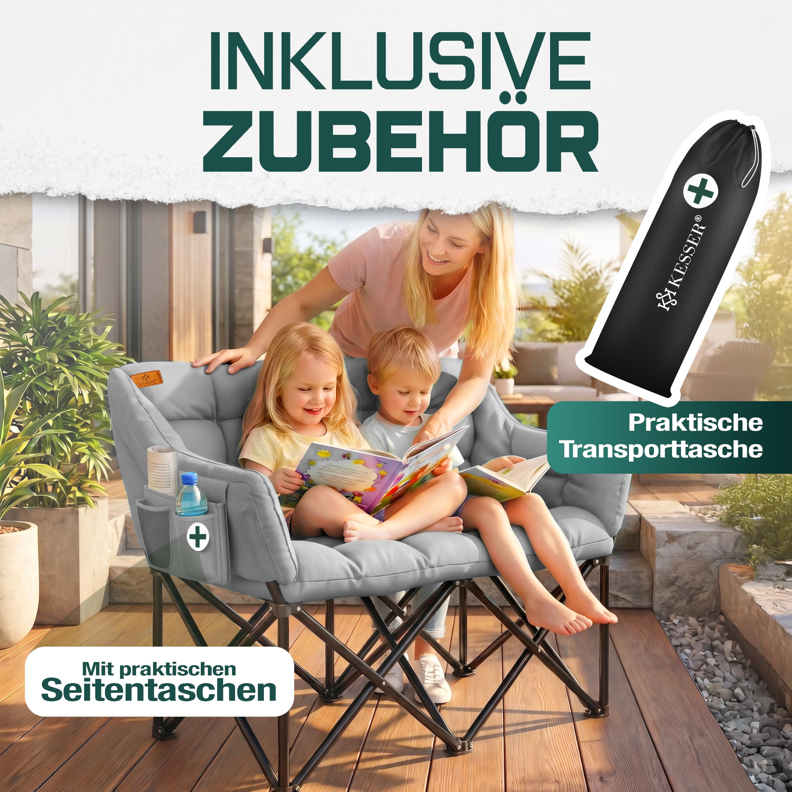 KESSER® Campingsofa faltbar, Campingcouch breit, gepolstert mit Seitentaschen & Tasche, Faltsofa Duo, Campingstuhl Indoor & Outdoor, Camping, Festival, Angeln & Garten