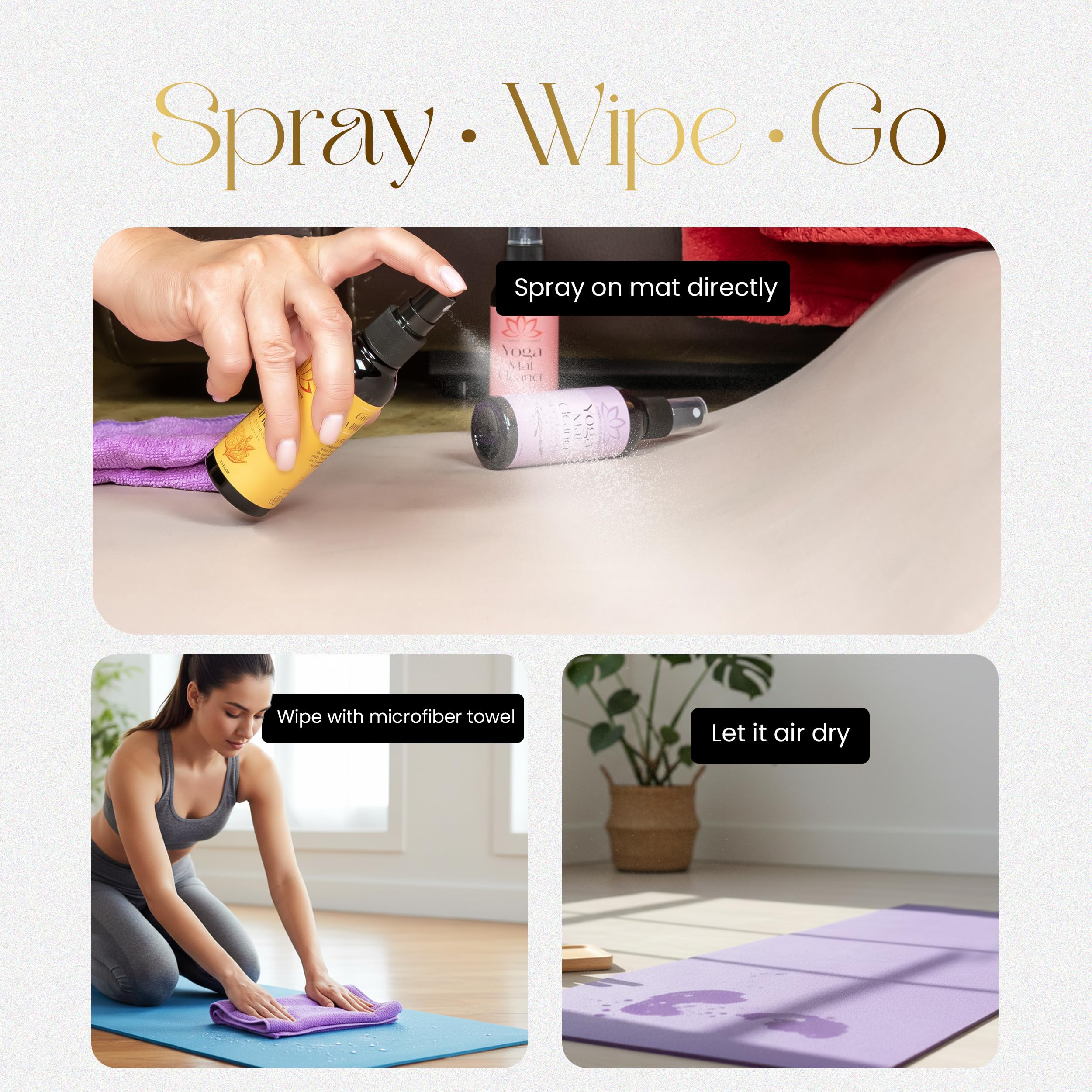 Combat Cleaner Kit de spray limpiador de esterilla de yoga (paquete de 3) incluye una toalla de microfibra, restaura y refresca las esterillas de yoga (lavanda, rosas frescas, cítricos energéticos)