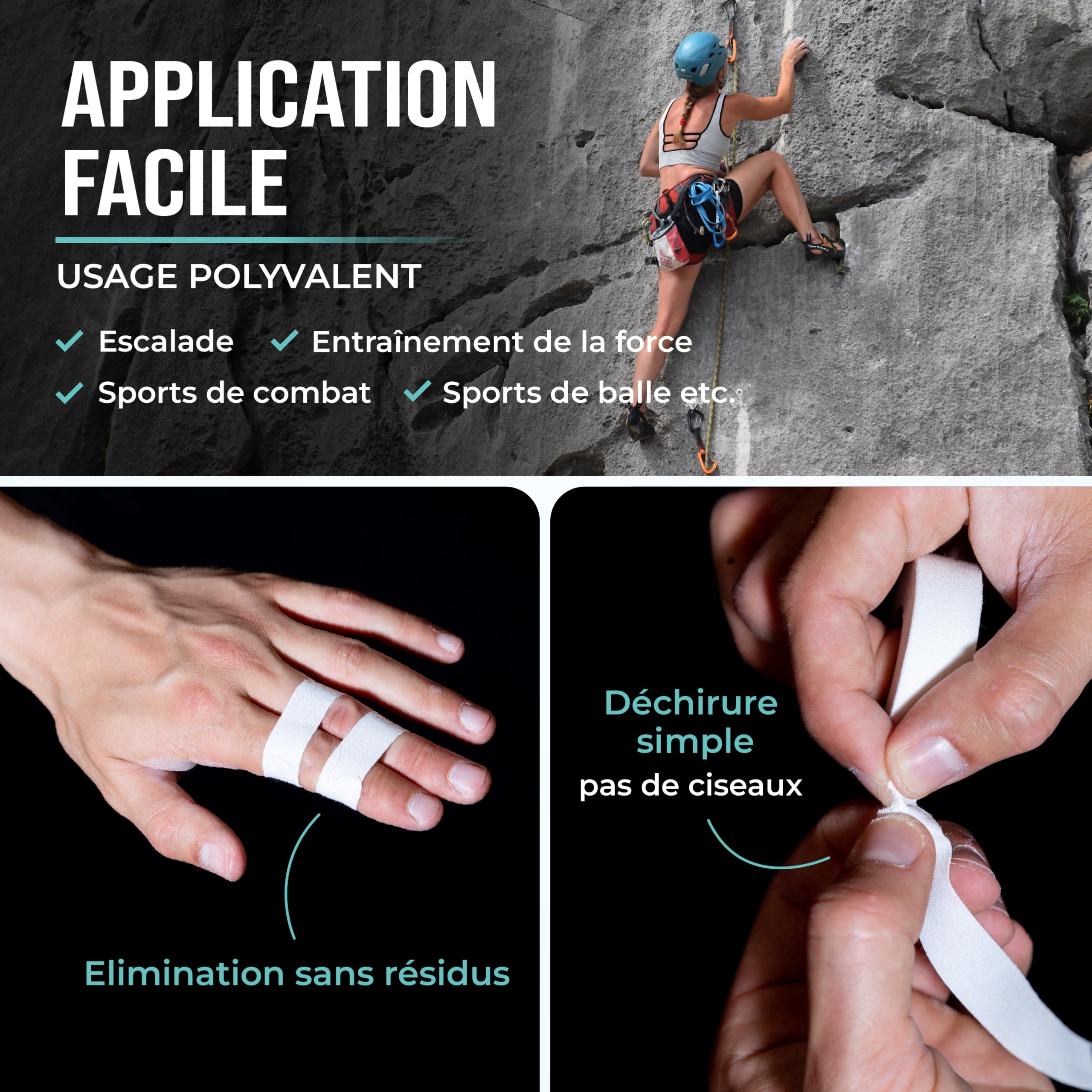 PULLUP & DIP Tape pour Doigt avec Adhésif extra Fort, 3 Rouleaux (30 m) de Tape pour l'Escalade, Tape Sportive douce pour la Peau, Tape pour la Main pour la Musculation, Basket-Ball, Handball (Blanc)