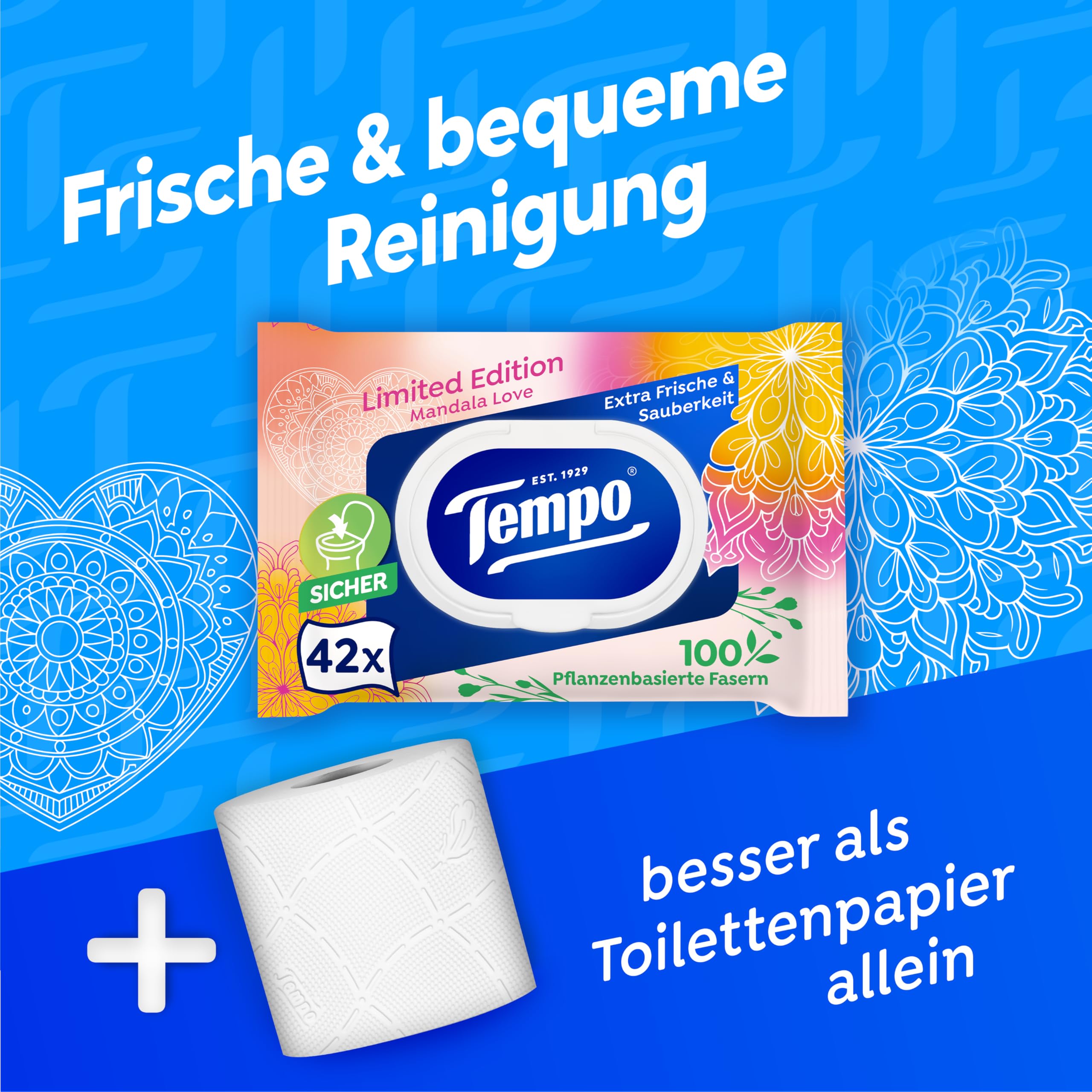 Tempo Feuchtes Toilettenpapier Mein Verwöhnmoment Limited Edition - wechselnde Designs, Ohne Farbstoffe, Wiederverschließbar, Vorteilspack, 16 x 42 Feuchttücher