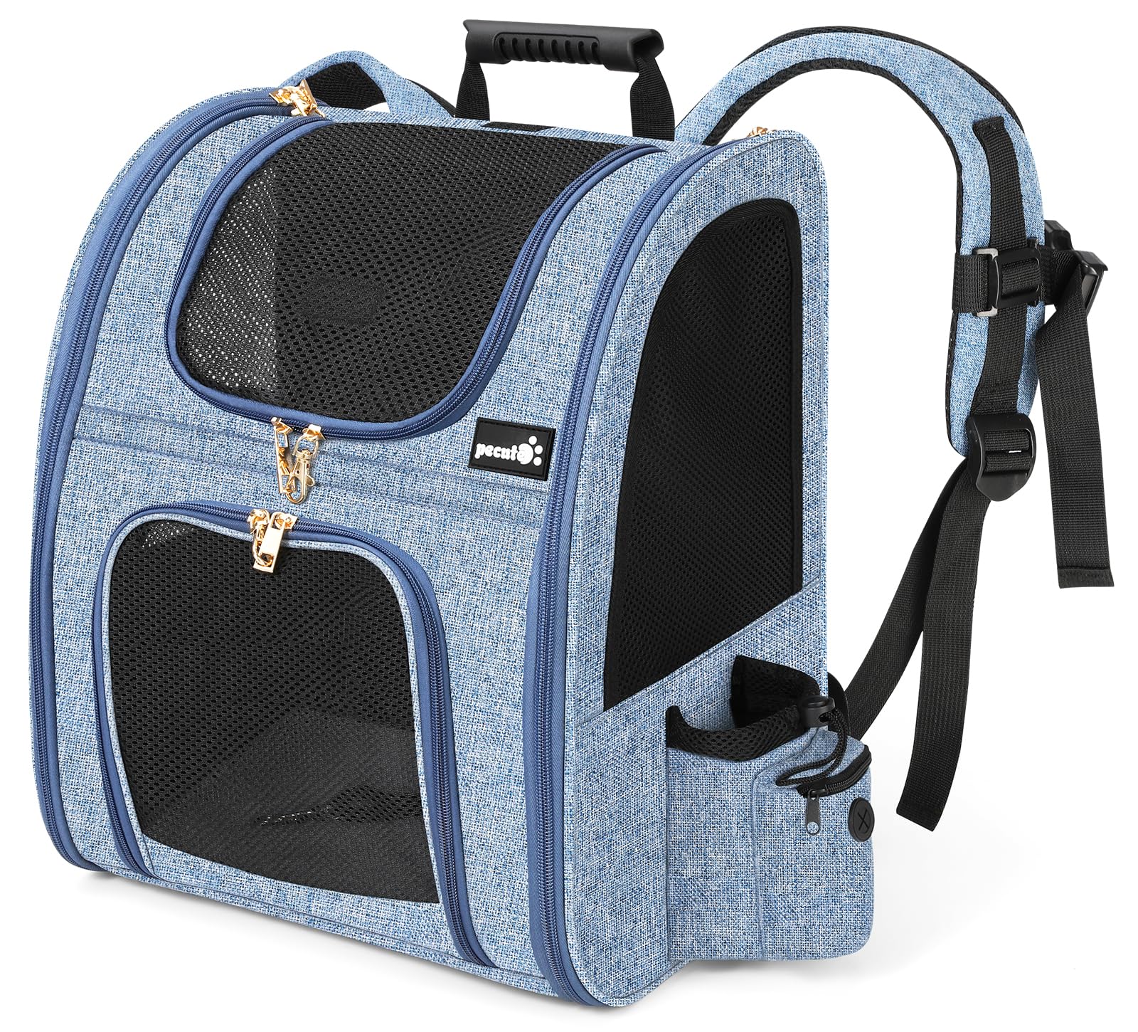 Pecute Cat Backpack with Breathable Mesh, Dog Backpack Carrier with Multi-Pockets for Cats Puppies, Pet Backpack Carrier for Travel Hiking Camping Outdoor Blue