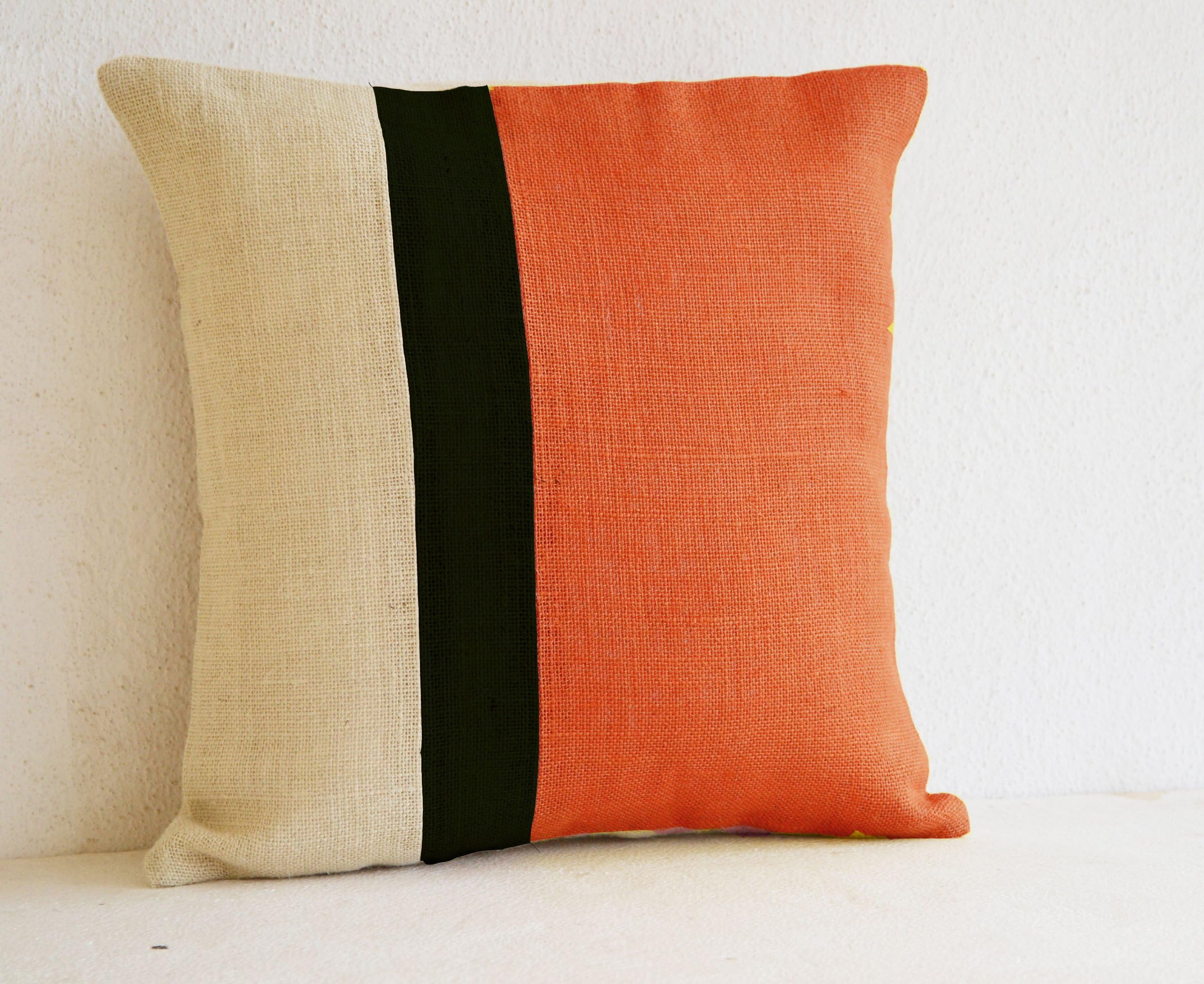 Amore Beaute Handmade Orange Cushion Covers -Jute Cushion Cover- Colourblock Cushion Covers - Orange Decorative Cushion Covers- Colour Block Hessian Cushion Covers in Orange, Black and Ivory Jute (50 x 50 cm)