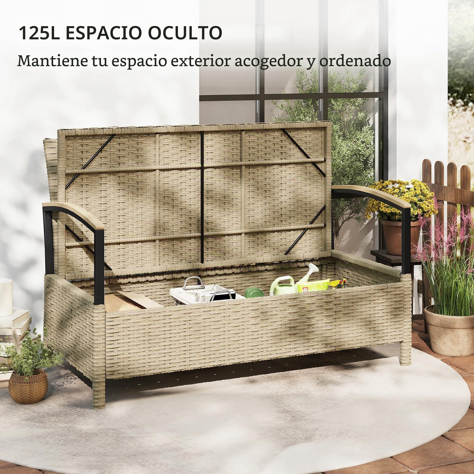 Outsunny Baúl para Exteriores, Banco con contenedor para jardín de 125 l, sofá de 2 plazas de ratán PE con cojín Acolchado, Estructura metálica para Patio, jardín y balcón, Caqui