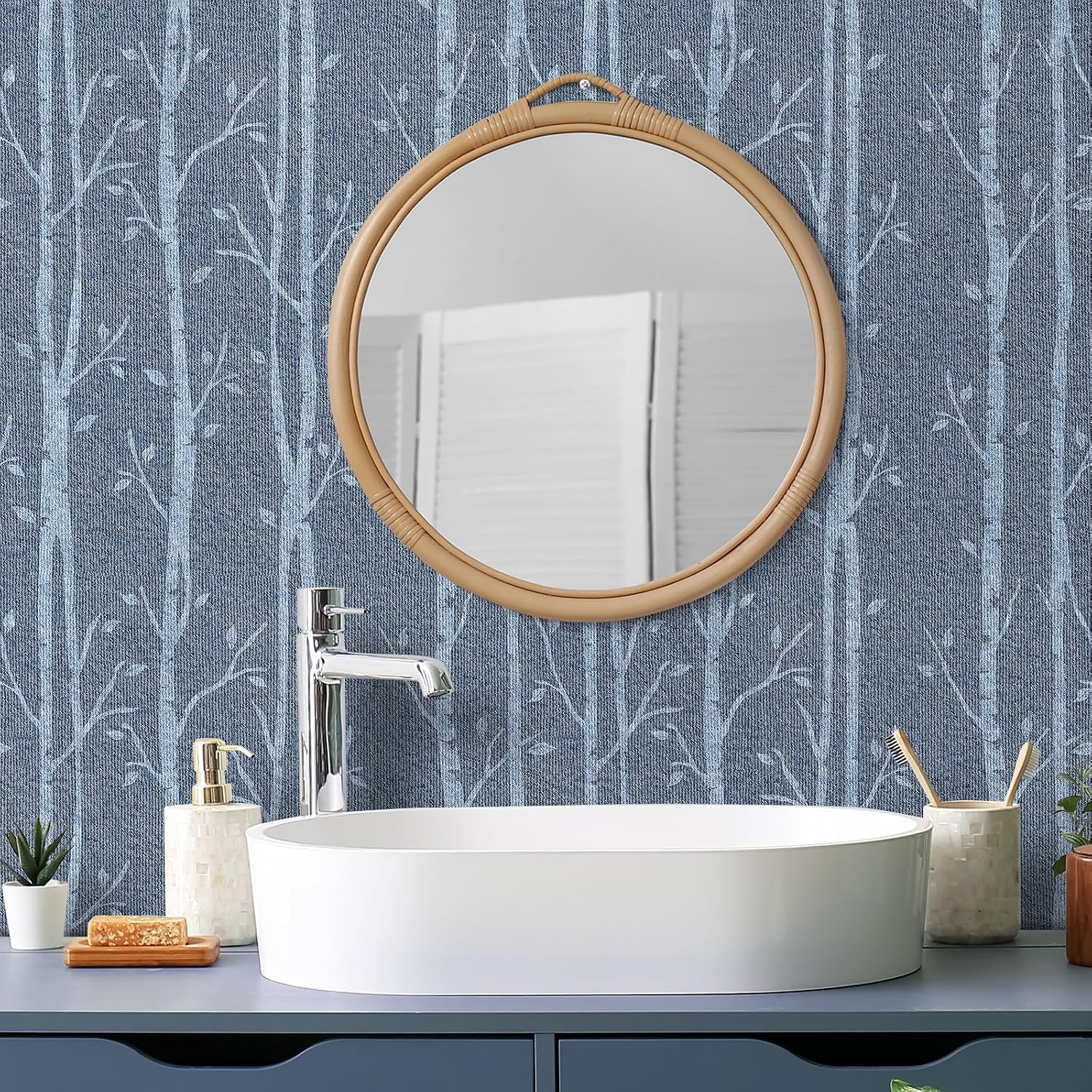 Livelynine 17.5x591" Blue Accent Wallpaper Peel and Stick Dark Blue Fabric Tree Wall Paper for Bedrooms Office Living Room Nursery Boy Renter Friendly Mid Century Self Adhesive Contact Paper for Walls