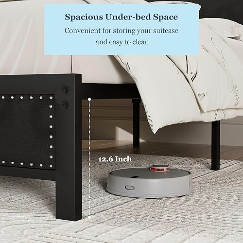 Miniatura 7 de VECELO Base de cama tamaño matrimonial con cabecera tapizada, plataforma resistente con listones de metal fuertes, no necesita somier, fácil Lino y