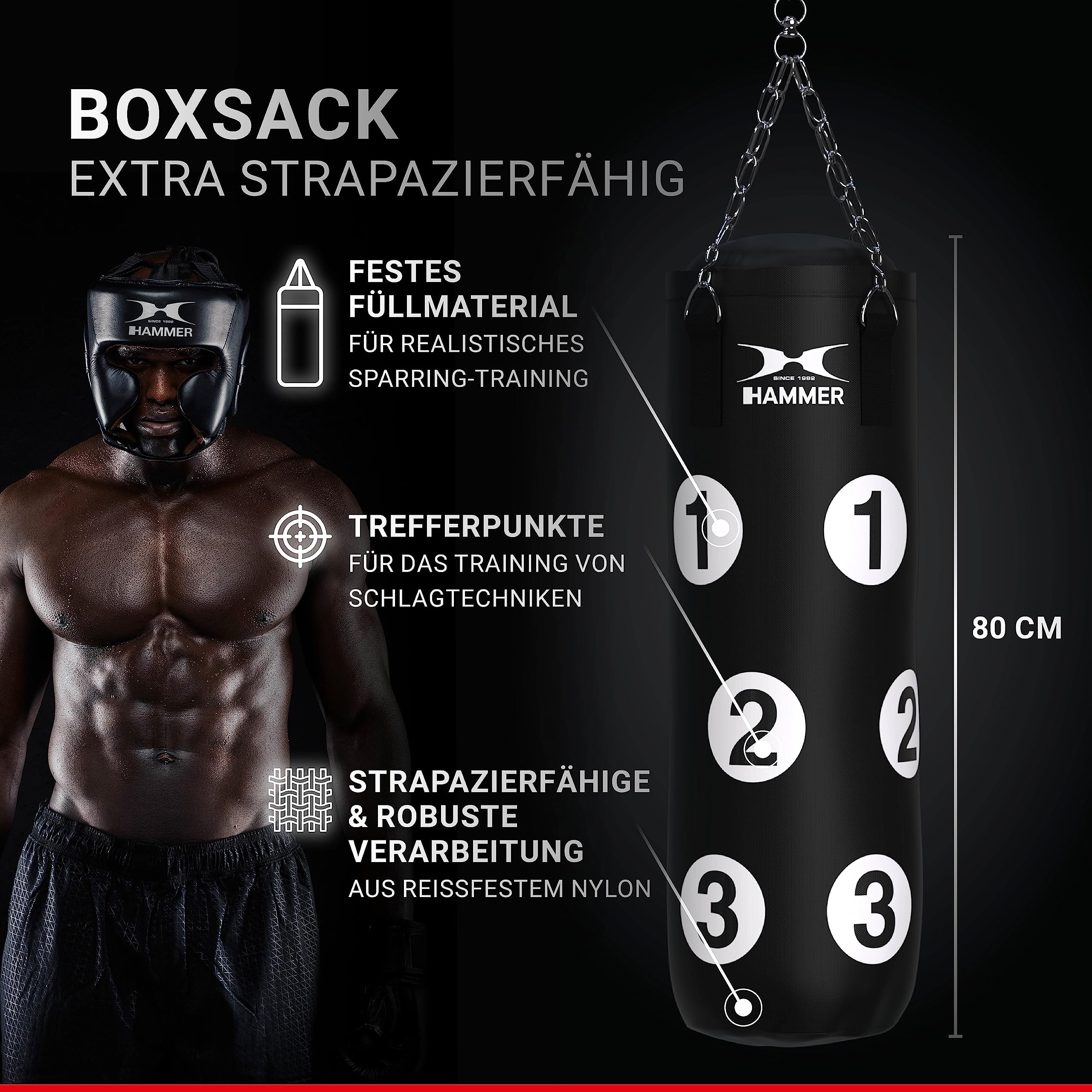 Hammer Box Set Sparring – Boxsack gefüllt 80 cm mit nummerierten Trefferflächen + Boxhandschuhe 10 oz – Inkl. Drehwirbel für sichere Aufhängung