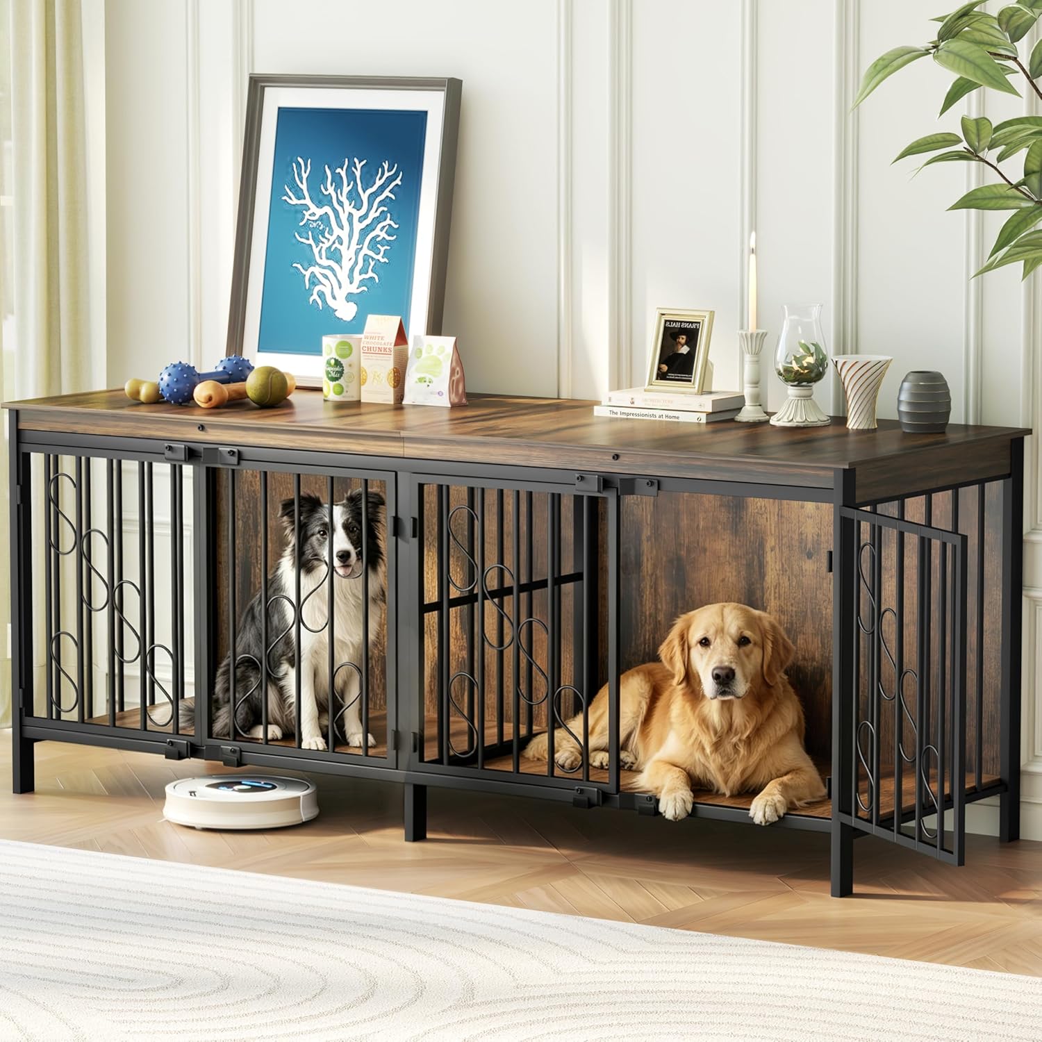 71'' Double Dog Crate Furniture, Wooden Dog Kennel Furniture with Upgraded Elevated Legs for 2 Dogs, Heavy Duty Wooden Dog Furniture Indoor TV Stand for Medium Large Dogs, Brown