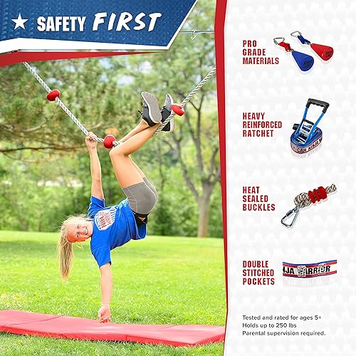 Miniatura 5 de American Ninja Warrior Kit de Ninjaline Extreme de 40 pies con línea de extensión de 15 pies  Incluye 15 accesorios de carrera de obstáculos
