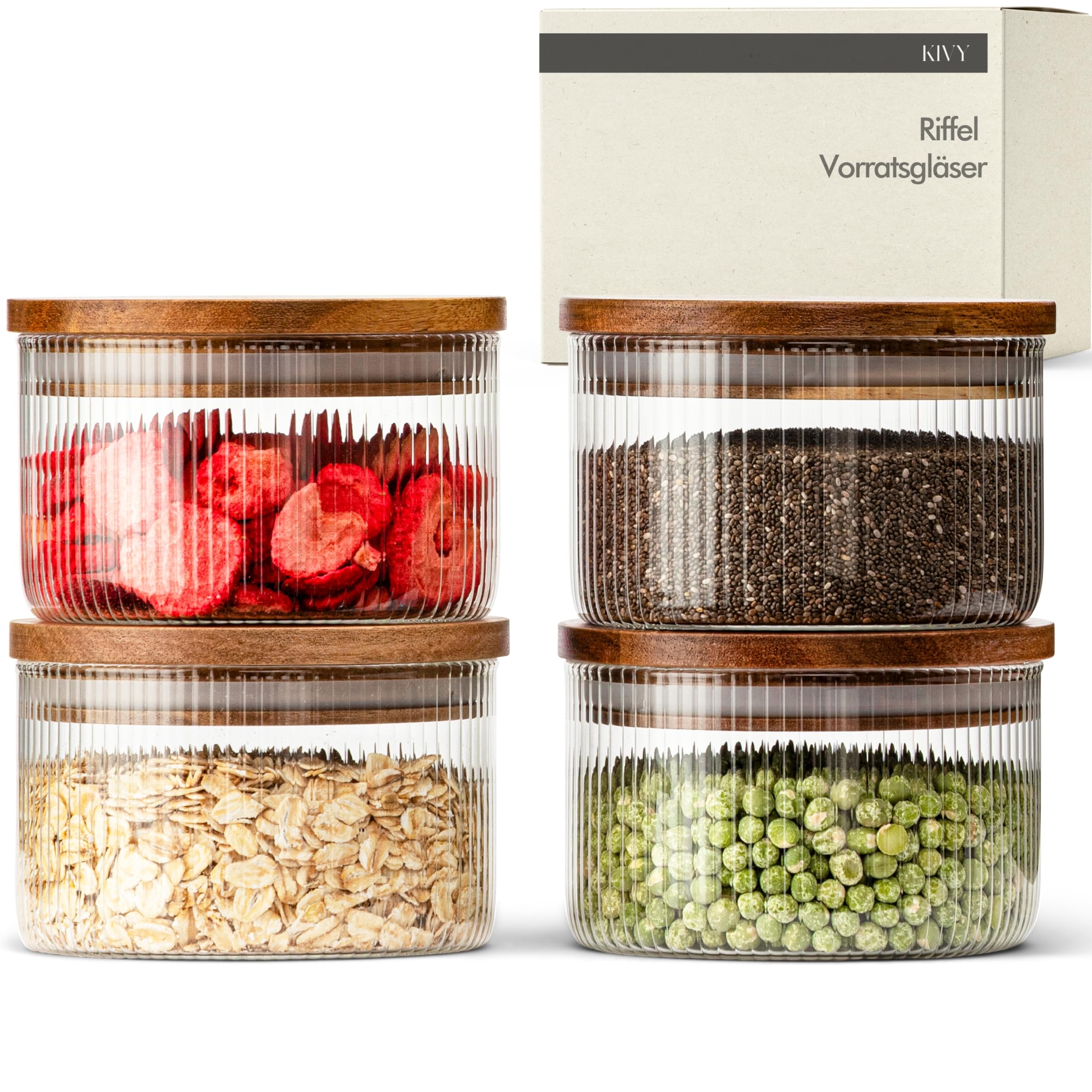 KIVY Riffel Storage Jars with Lids - 4 x 350 ml - Small Storage Jars with Acacia Lid - Glass Storage Jars with Lid