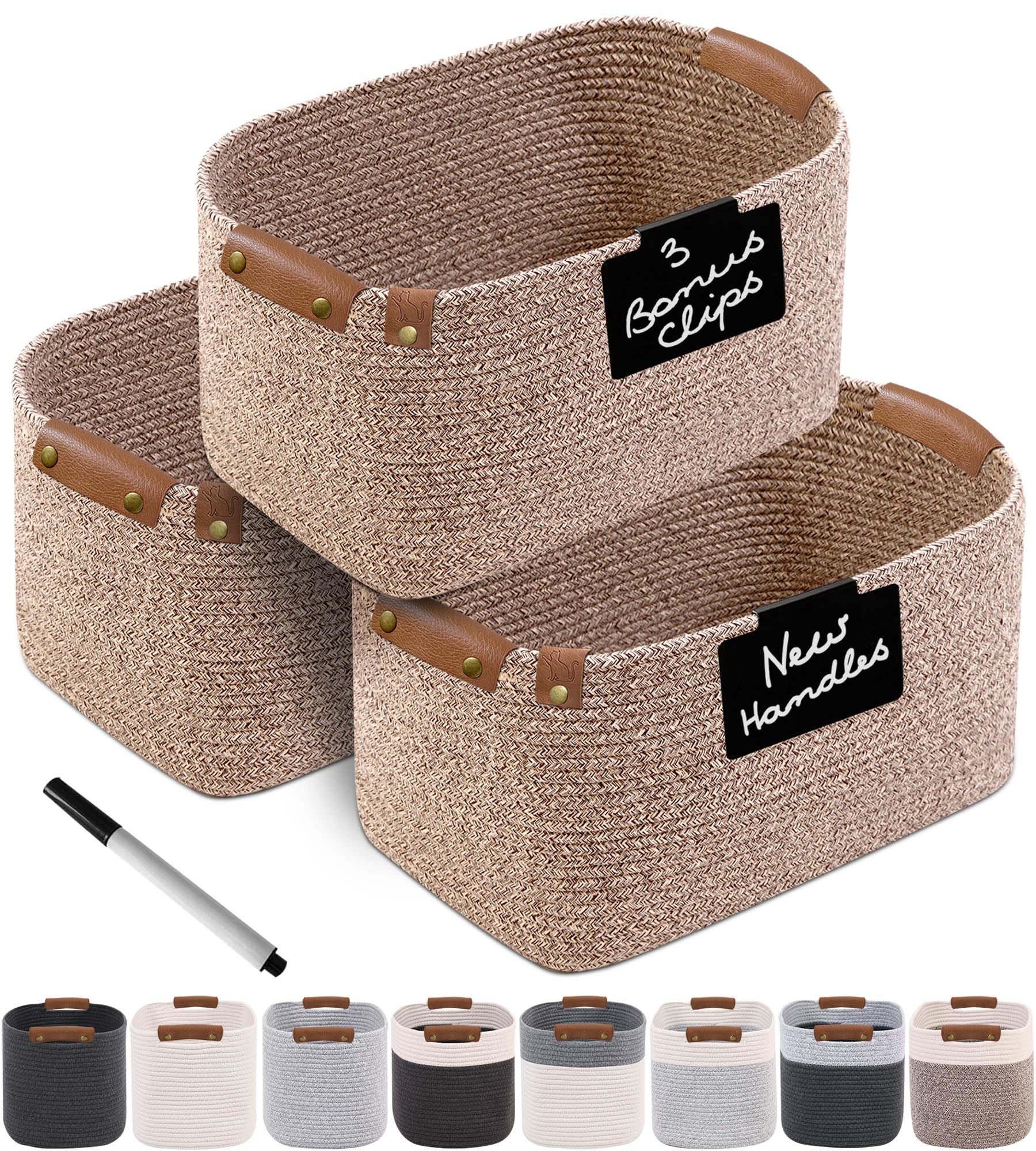 CHAT BLANC Cotton Rope Baskets for Organizing | Storage Baskets for Shelves | Rope Basket for Storage, Small Laundry Baskets, Woven Baskets for Storage, Dog Toy Bin, Baby Basket, Brown 3 Pack