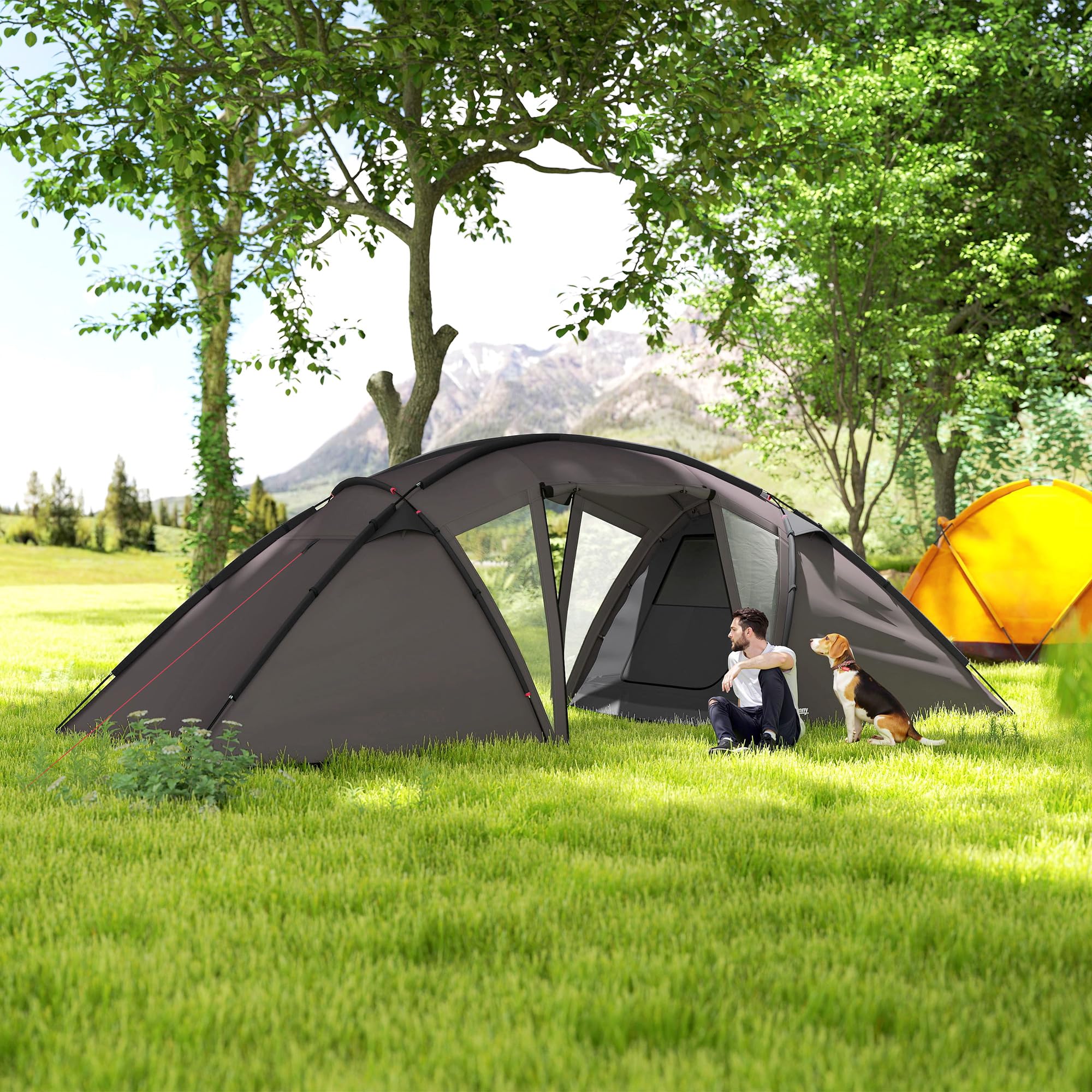 Outsunny Tente de Camping familiale pour 4-6 Personnes, Tente Tunnel imperméable 3000 mm avec 2 Portes, fenêtres, Sac de Transport, Tapis de Sol pour Camping Voyage randonnée Jardin, Noir