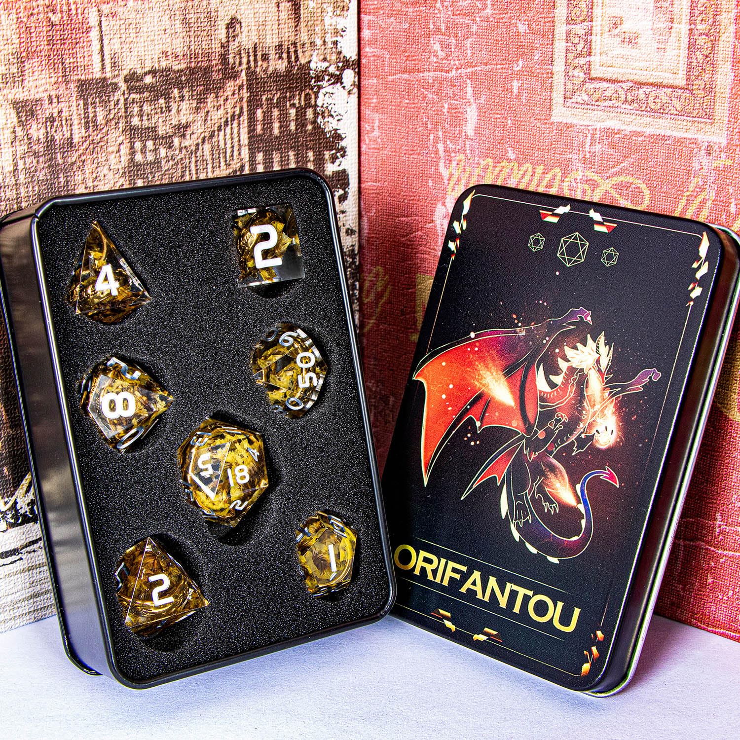 Magic Golden Ring DND-Würfel-Set, scharfe Kanten, aus Kunstharz, mit Box, für die Verwendung mit RPG, D&D, Tischspiele, Lord D und D, polyedrisches Würfelset