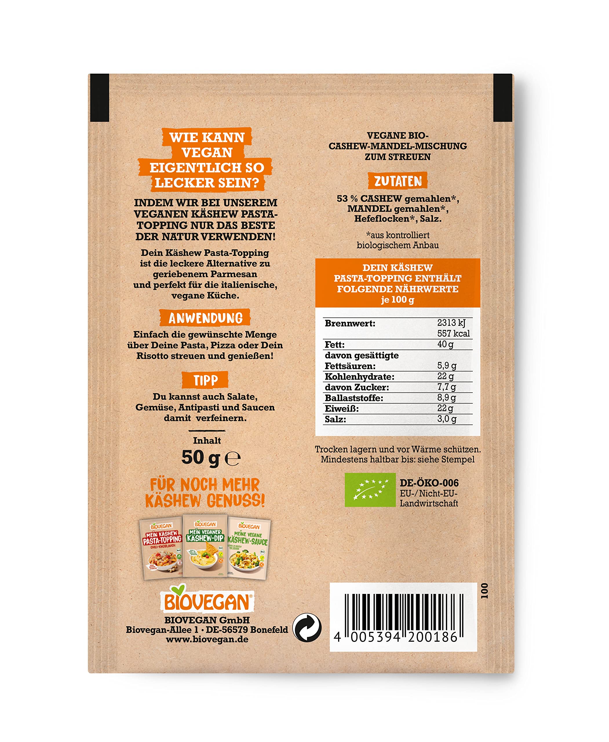 Biovegan Mein Käshew Pasta Topping, Veganer Parmesan-Ersatz in 100% Bio Qualität, Streukäse-Alternative Vegan, leckere Käse Alternative aus Cashew Nüssen, 8 x 50g (Klassik)