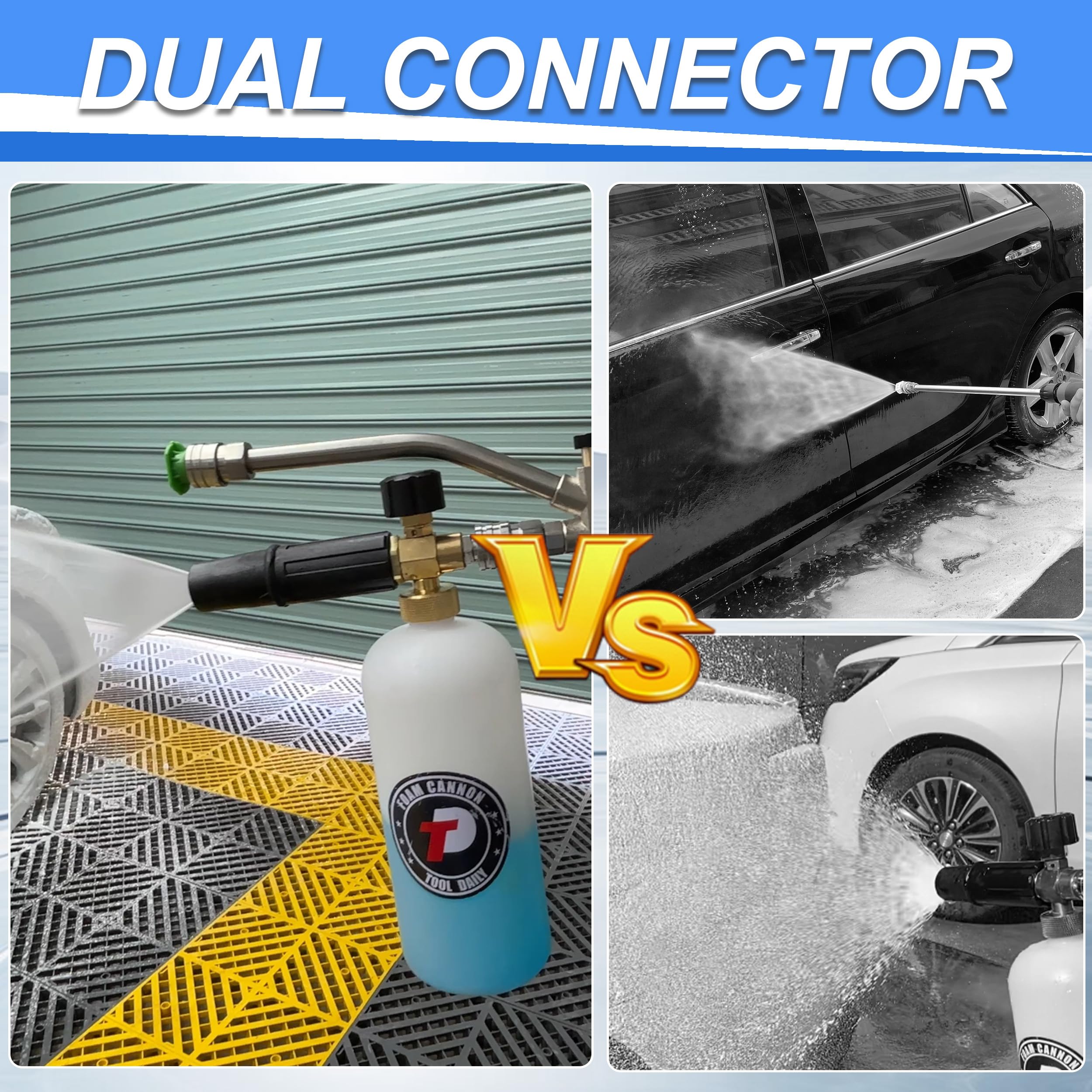 Tool Daily Cañón de espuma con accesorio de doble conector, conector rápido de 1/4 pulgadas, 5 boquillas de lavado a presión, 1 litro