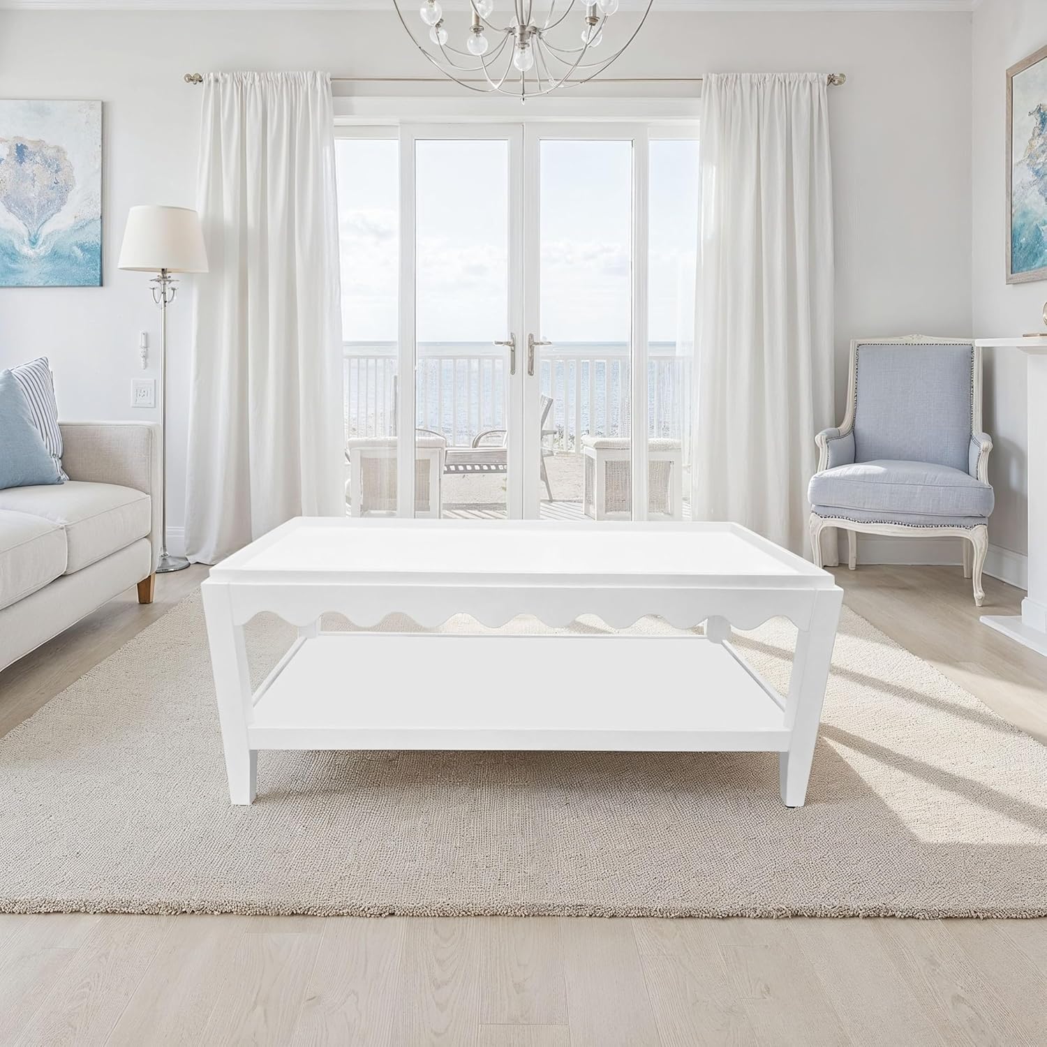 Carolina Chair & Table Scallop Coffee Table, Rectangular Mango Wood Side Table, Decorative Edge and Lower Shelf (White)