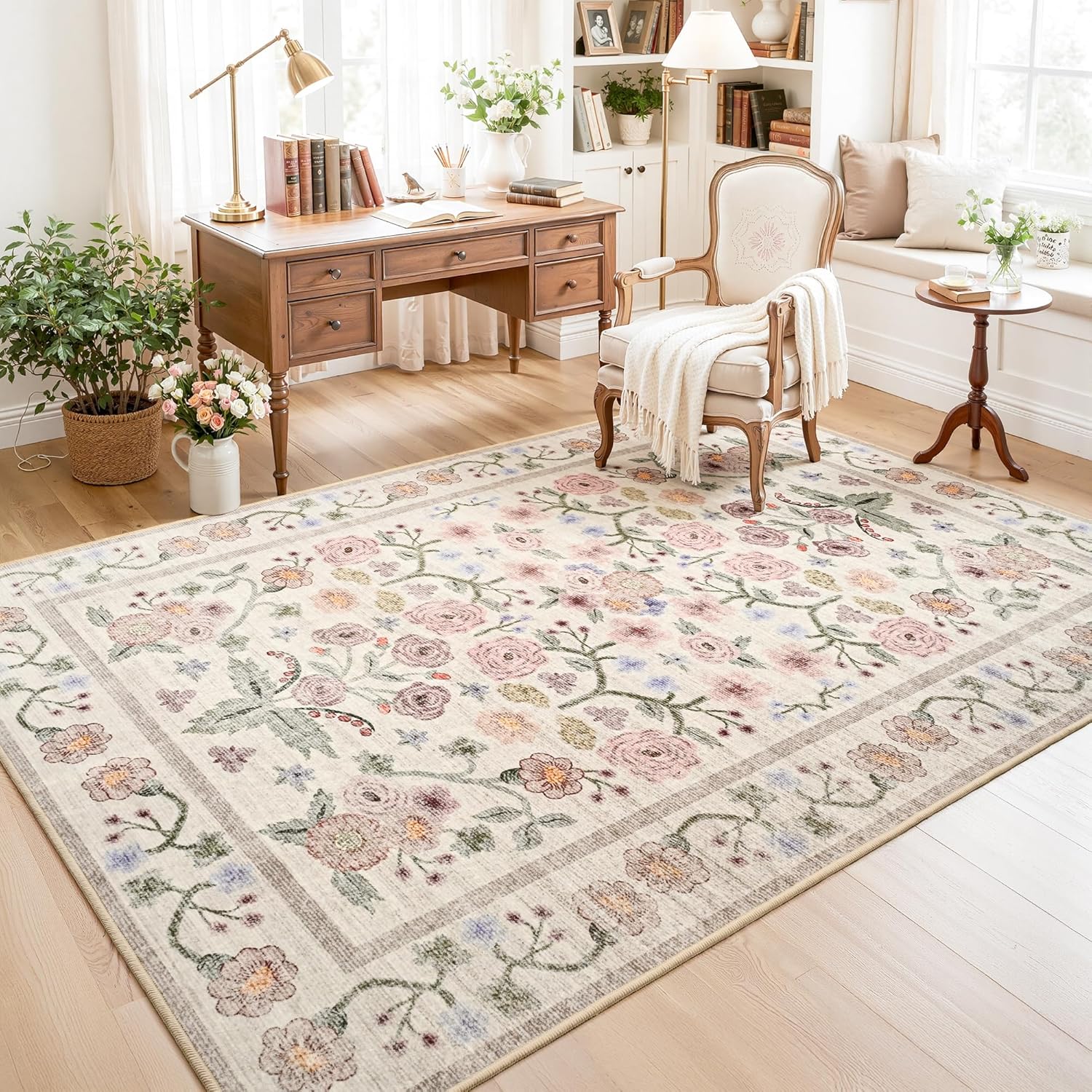 Maxsoft Large Area Rugs for Living Room Bedroom, 5x7 Washable Floral Area Rugs, Non-Slip and Stain Resistant Soft Throw Indoor Carpet for Dining Room Office Kitchen Dorm Home Decor, Pink