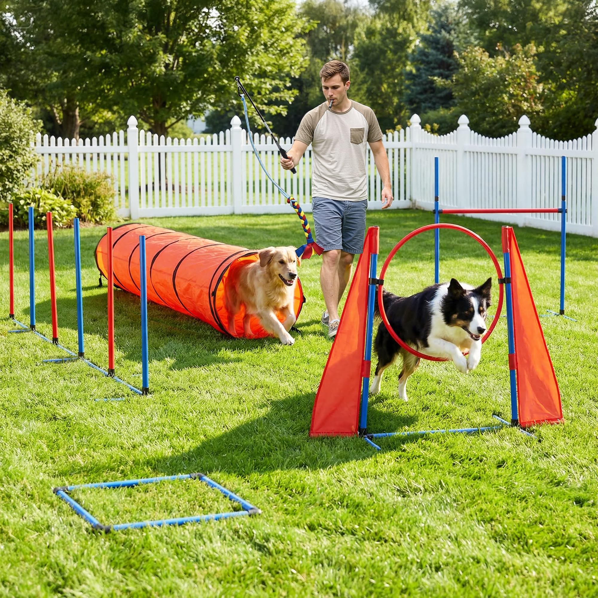 DWVO Dog Agility Accessories Kit: Comprises of a Teaser Pole, 2 Hurdles, 6 Weaving Poles, Agility Tunnel, Pause Box, Full Set of Agility Equipment for Backyard Indoors Outdoors