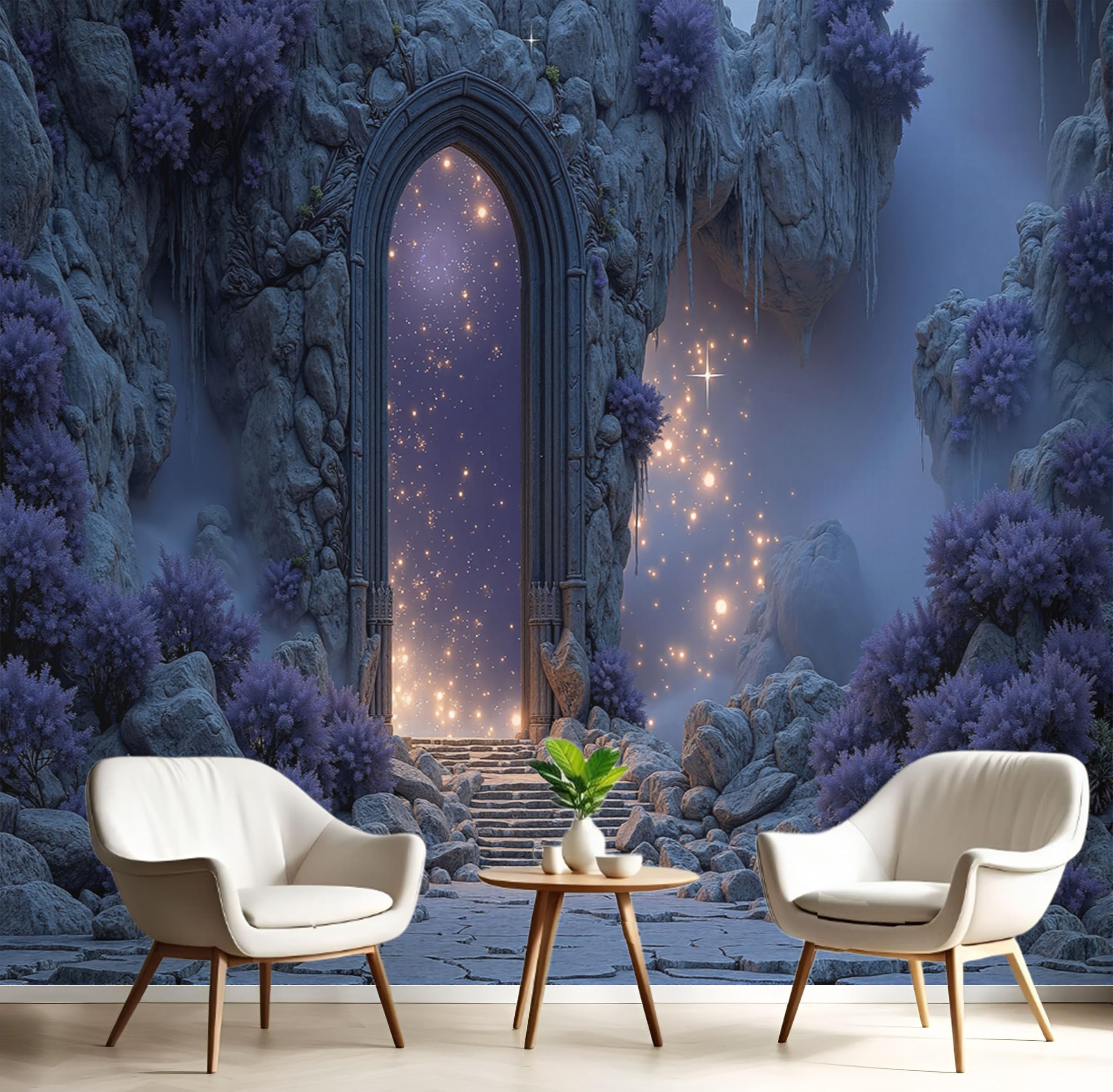 Papier peint panoramique pour agrandir un salon sombre avec une arche fantastique 3D