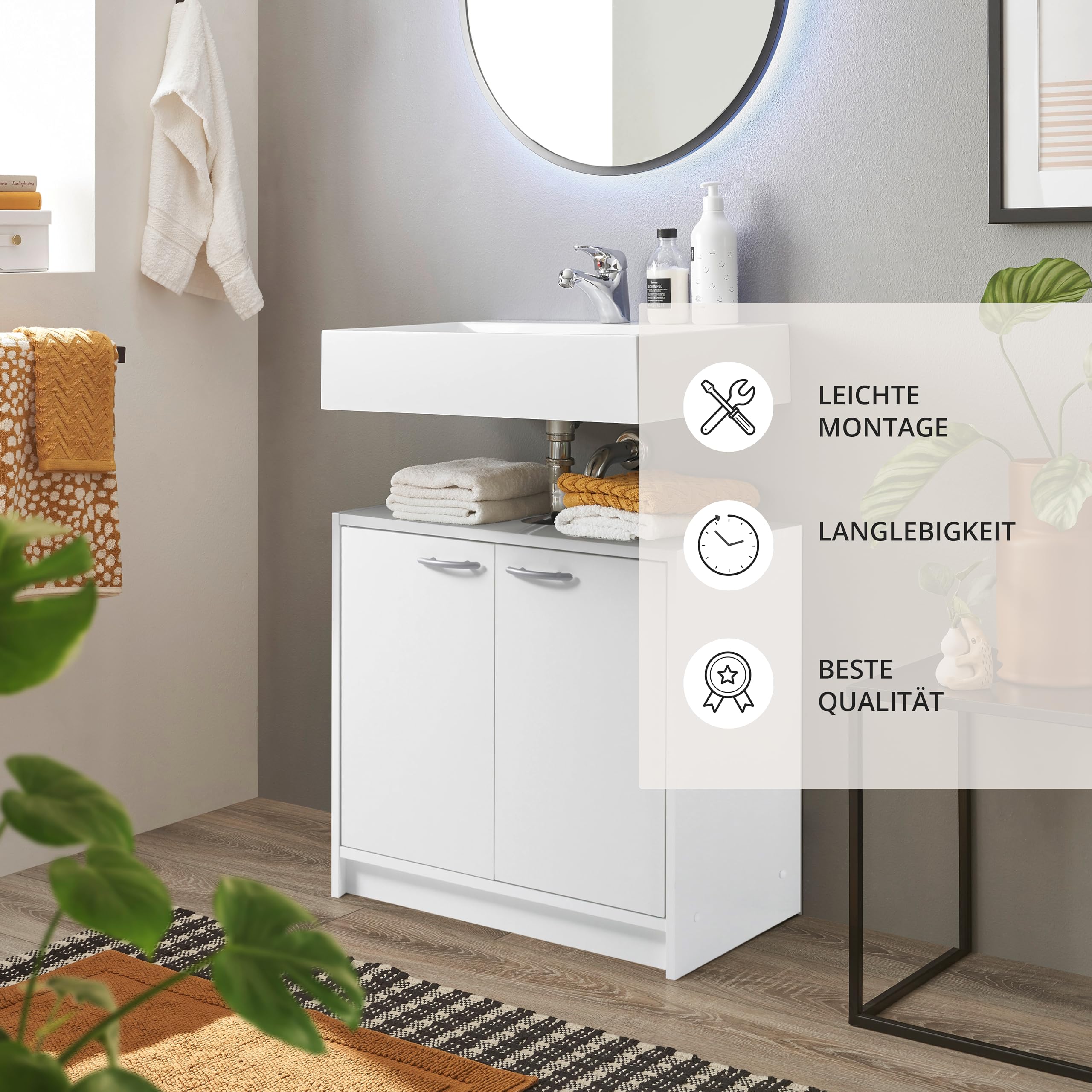 SMASH Badezimmer Waschbeckenunterschrank in Weiß matt - Schlichter Bad Unterschrank Badezimmerschrank mit viel Stauraum - 63 x 55 x 29 cm (B/H/T)