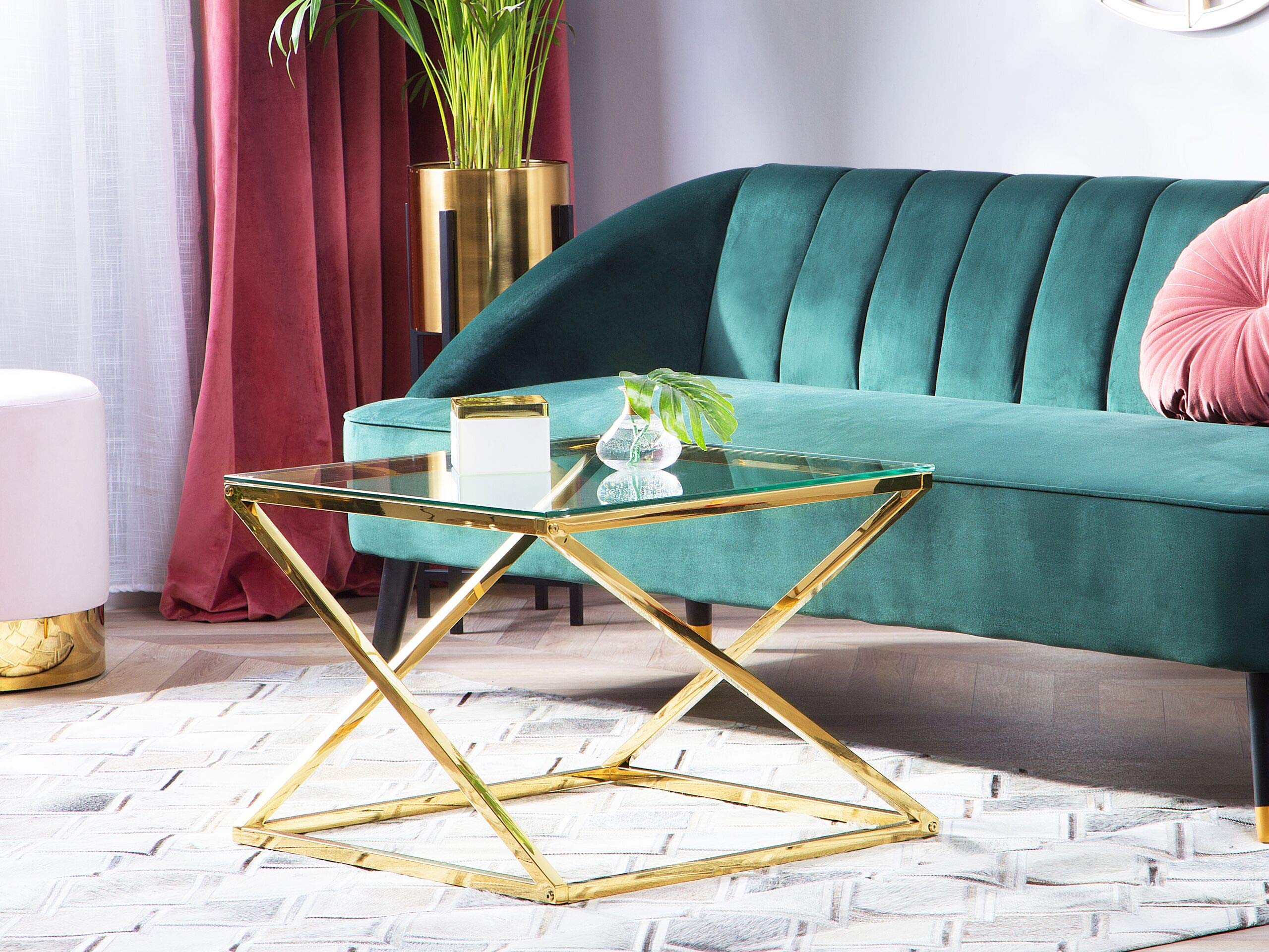 Table D'Appoint Design - Plateau Verre Carré 40x40cm - Pieds Métal Doré - Style Glamour - 52cm H
