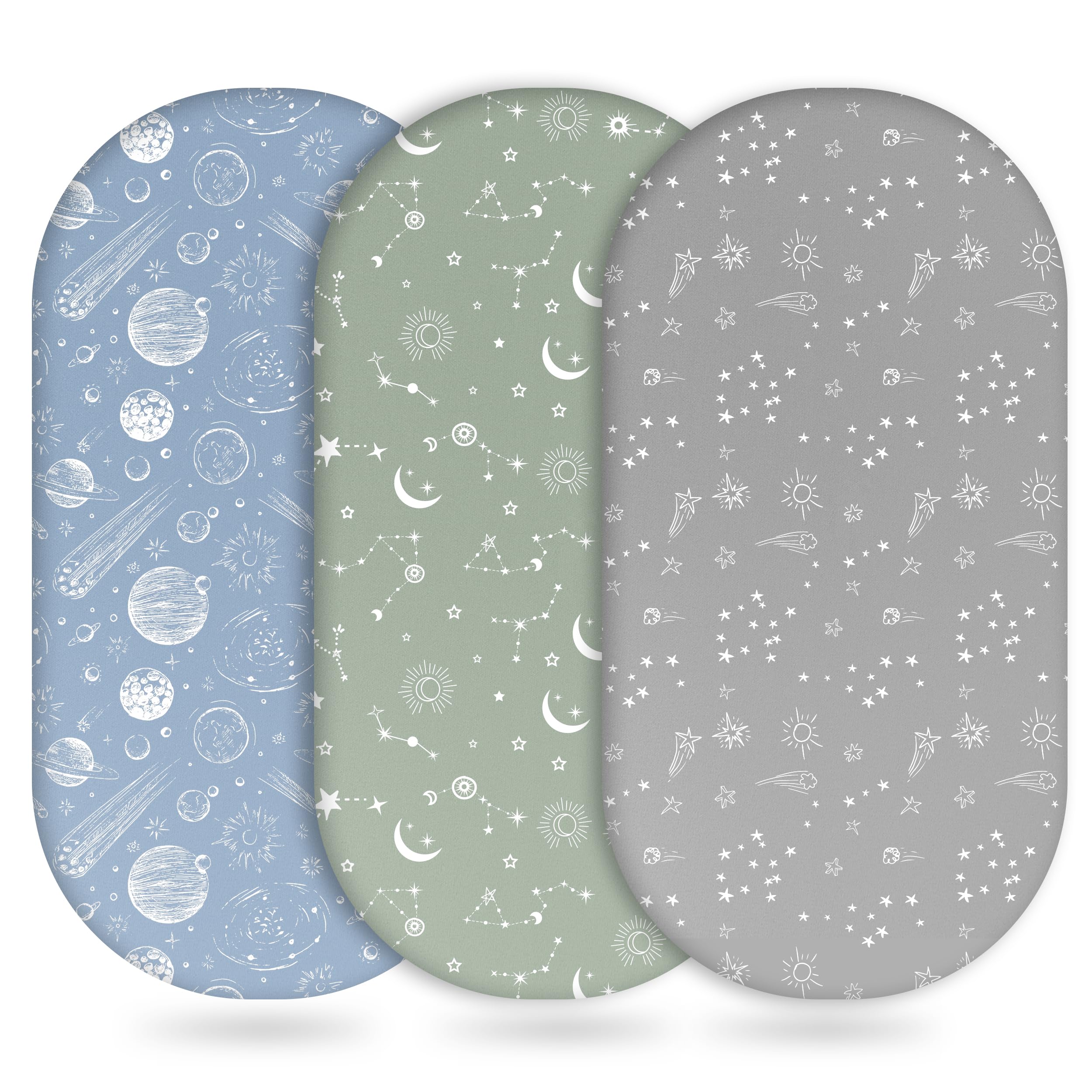 Baby Bassinet Sheets Girl Boy, Fitted Bassinet Sheet Set 3 Pack Bassinet Mattress Sheets Universal Fit for Rectangle, Round, Oval, Hourglass Mattress, Soft Breathable Green Gray Constellation