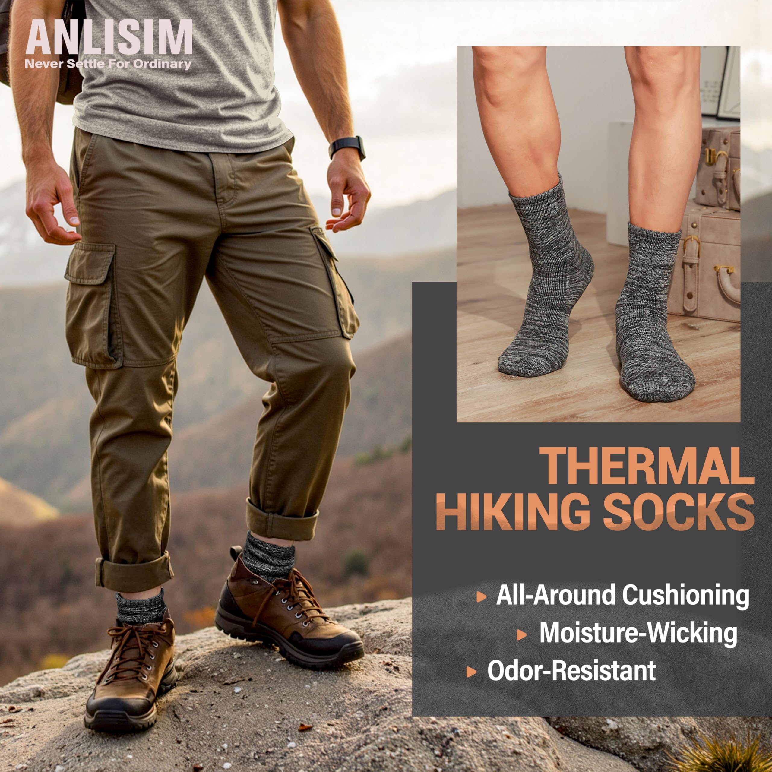 Anlisim Warme Wandersocken aus Merinowolle, extra dick, Winter, gemütlich, Crew, bequeme Dämpfung, Arbeit, Damen und Herren, 4 Paar