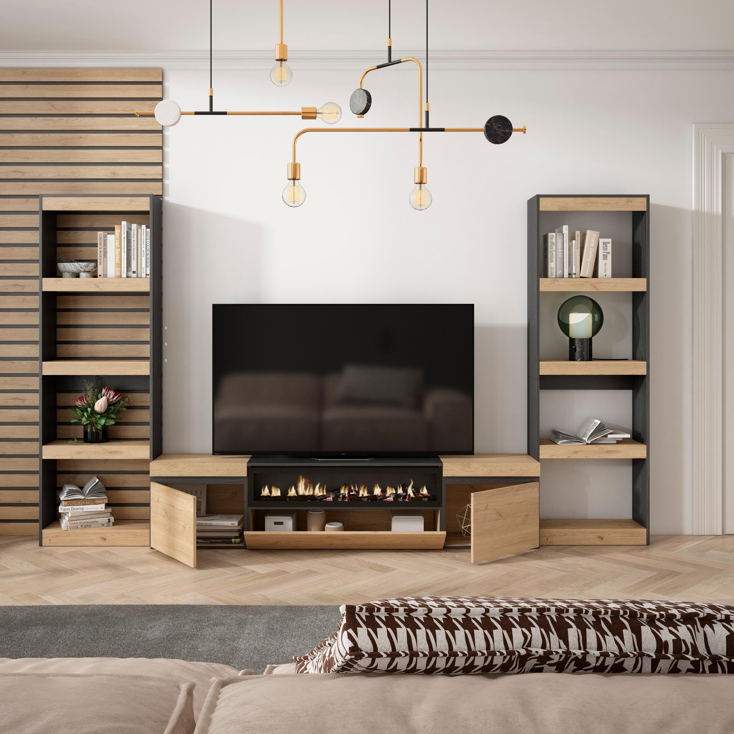 Skraut Home | Ensemble Meuble TV | Meuble Salon Complet | 320x186x35cm | pour Les TV jusqu'à 80" | Cheminée électrique | Style Moderne | Chêne et Noir