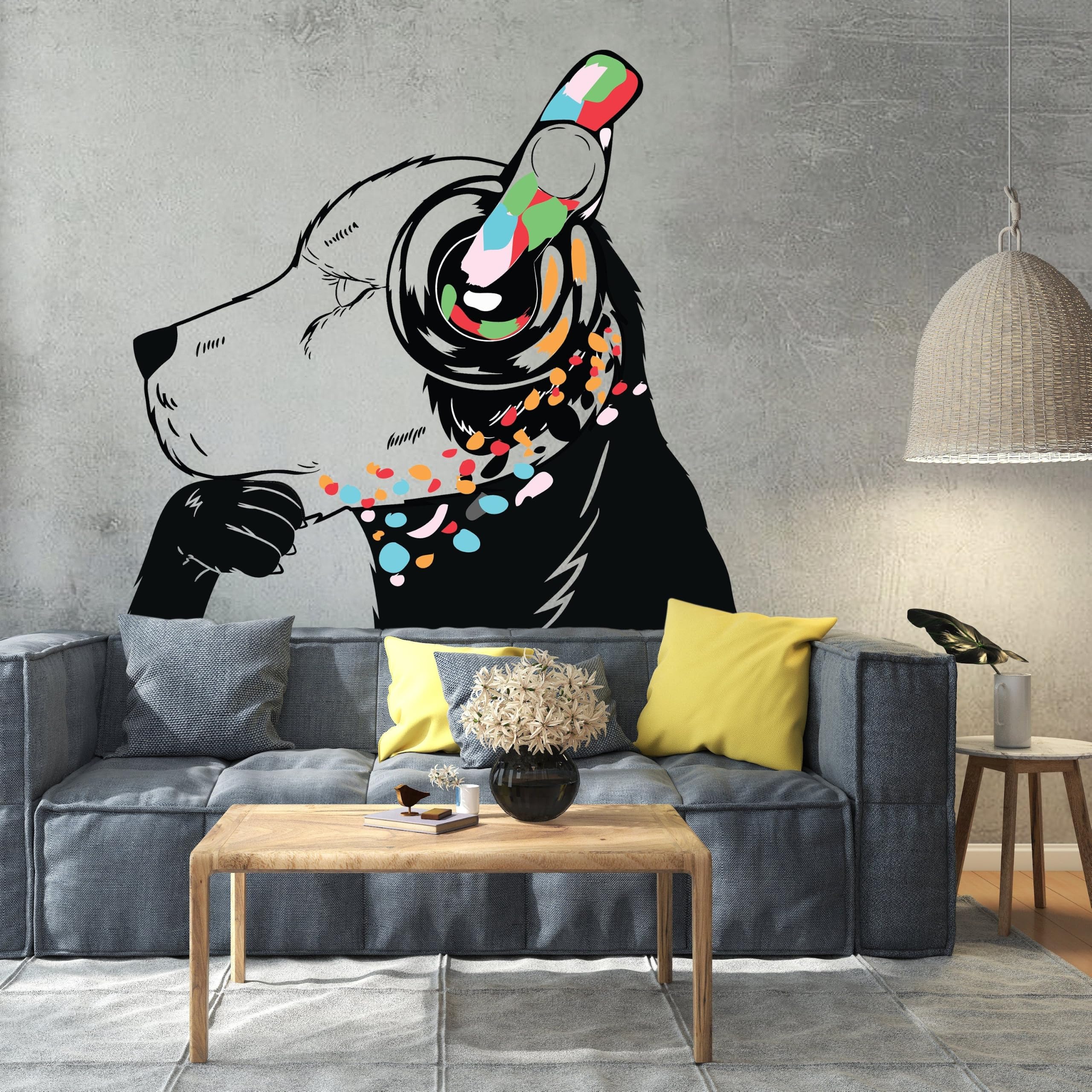 Naklejka ścienna z psem - Myślący DJ głowa szczeniaka słuchawki winylowa naklejka 200 x 137 cm/lewa (główne zdjęcie)