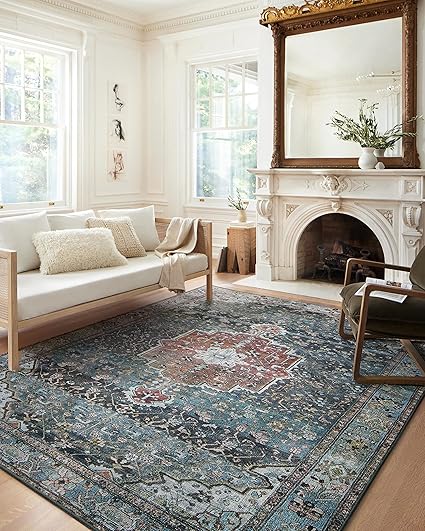 Loloi Margot Collection MAT-05 Ocean/Brick 2'-6" x 7'-6" Runner Rug, No-Shed Easy Clean Large Patterned Area Rug for Living Room, Bedroom, Dining Area