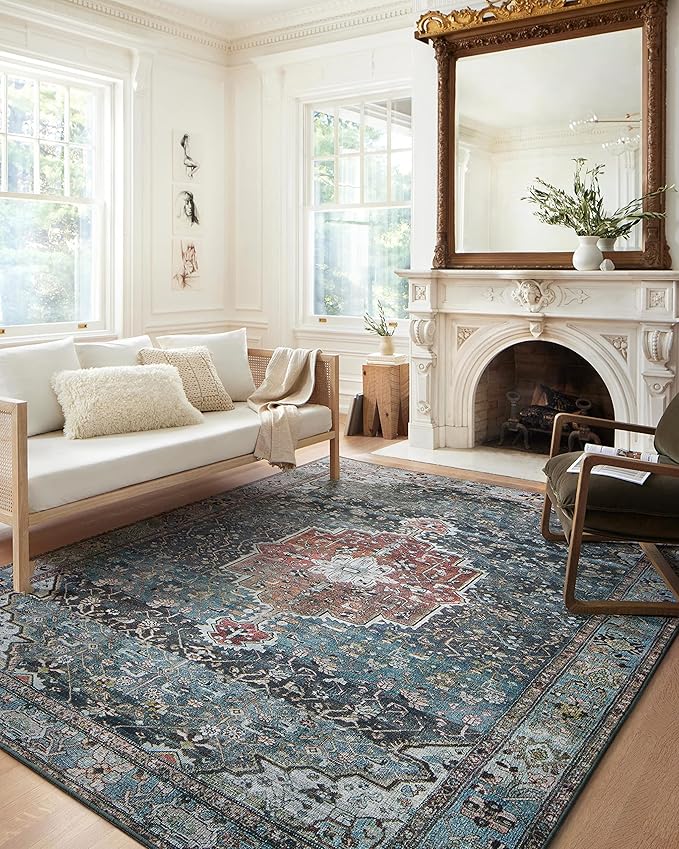 Loloi Margot Collection MAT-05 Ocean/Brick 2'-6" x 7'-6" Runner Rug, No-Shed Easy Clean Large Patterned Area Rug for Living Room, Bedroom, Dining Area