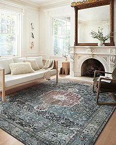 Loloi Margot Collection MAT-05 Ocean/Brick 2'-6" x 9'-6" Runner Rug, No-Shed Easy Clean Large Patterned Area Rug for Living Room, Bedroom, Dining Area
