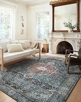 Loloi Margot Collection MAT-05 Ocean/Brick 2'-6" x 7'-6" Runner Rug, No-Shed Easy Clean Large Patterned Area Rug for Living Room, Bedroom, Dining Area