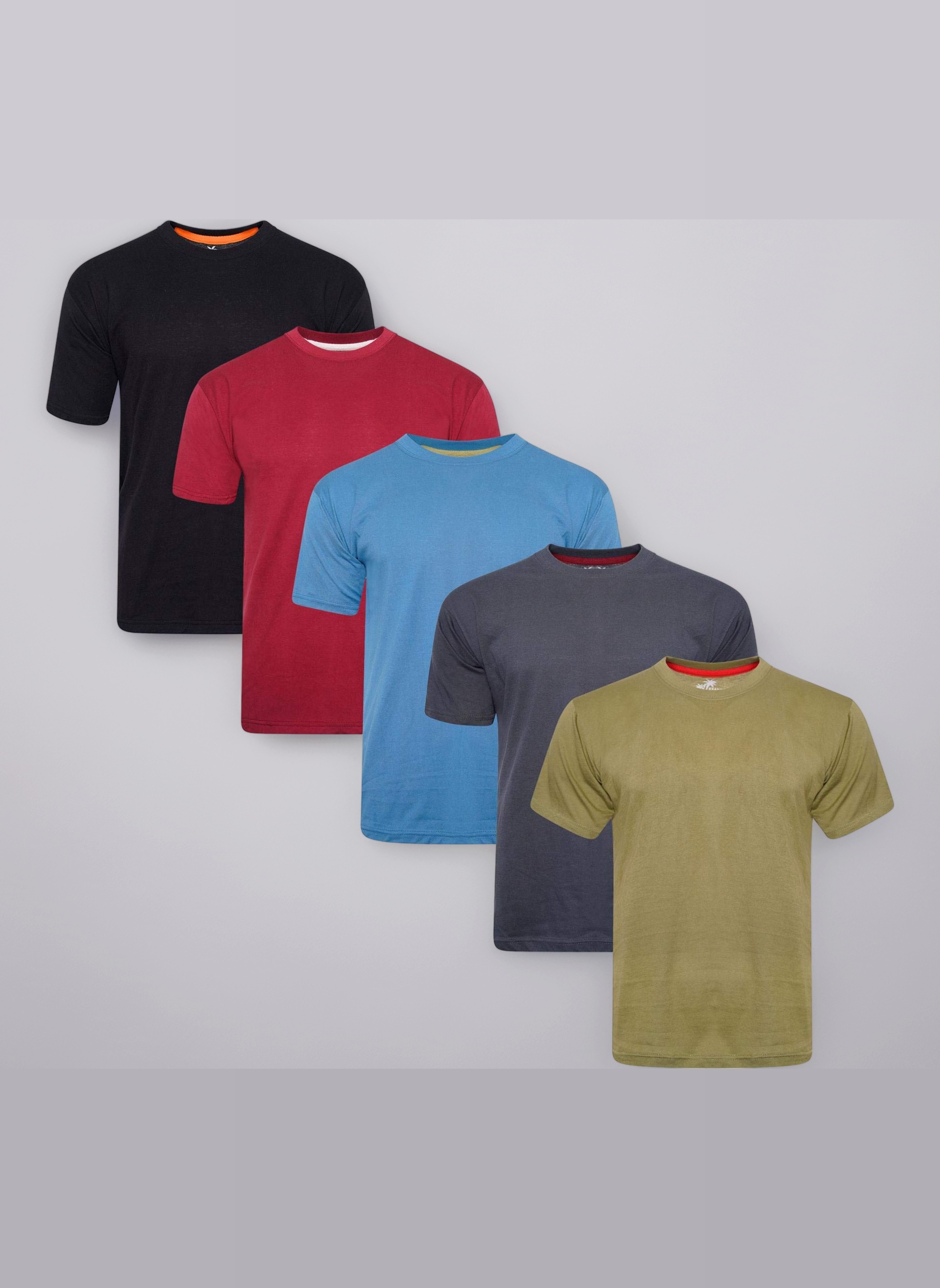 Mens 5 Pack Plain Crew T Shirts - 100% Cotton - White, Black, Light and Dark Assorted Colours - Everyday/Summer Colours - S to 2XL