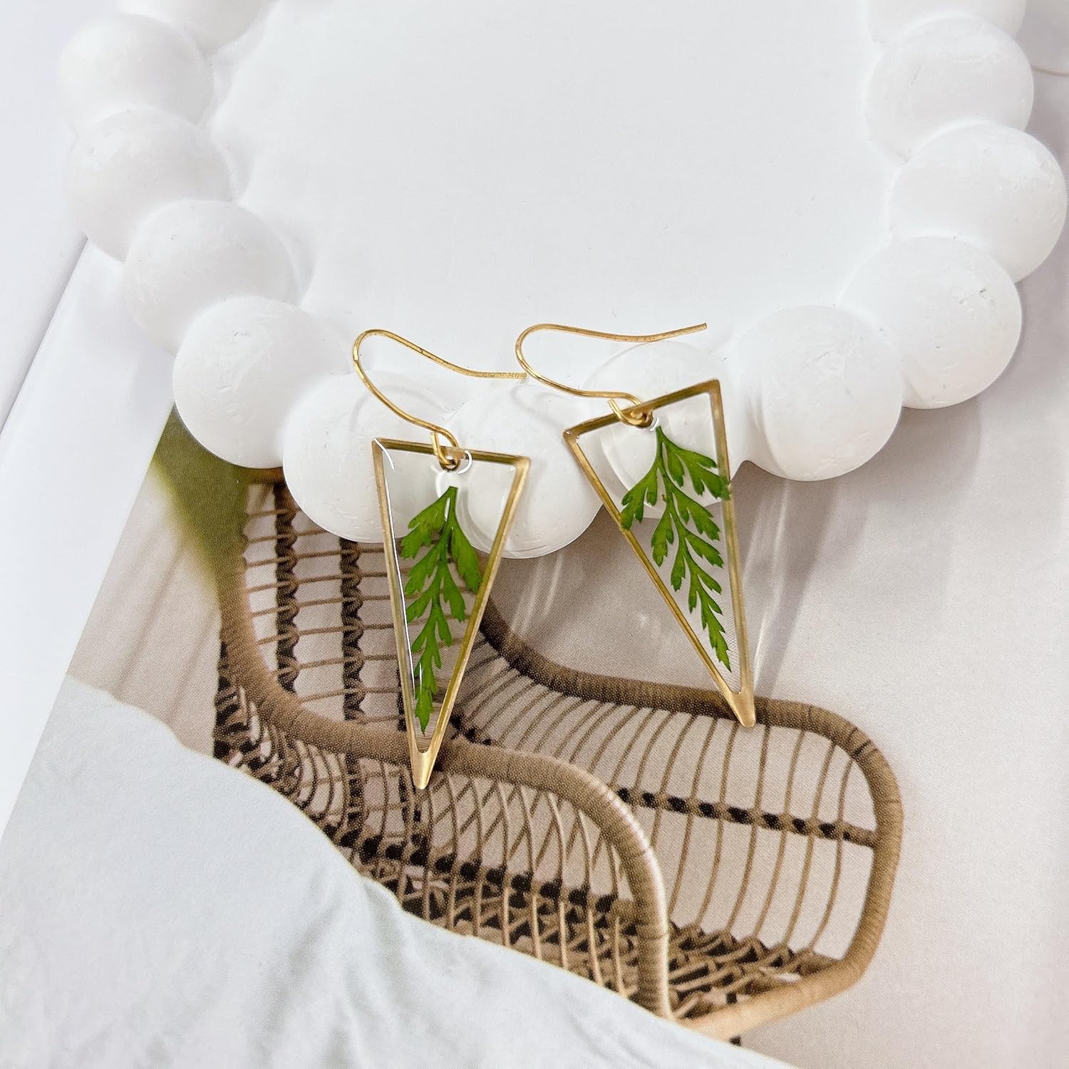Pressed Fern Leaf Triangle Resin Dangle Drop Earrings for Women Handmade Bohemian Green Dried Leaves Retro Gold Filled Ear Wire Hook Summer Earring Natural Plant Jewelry - Image 3