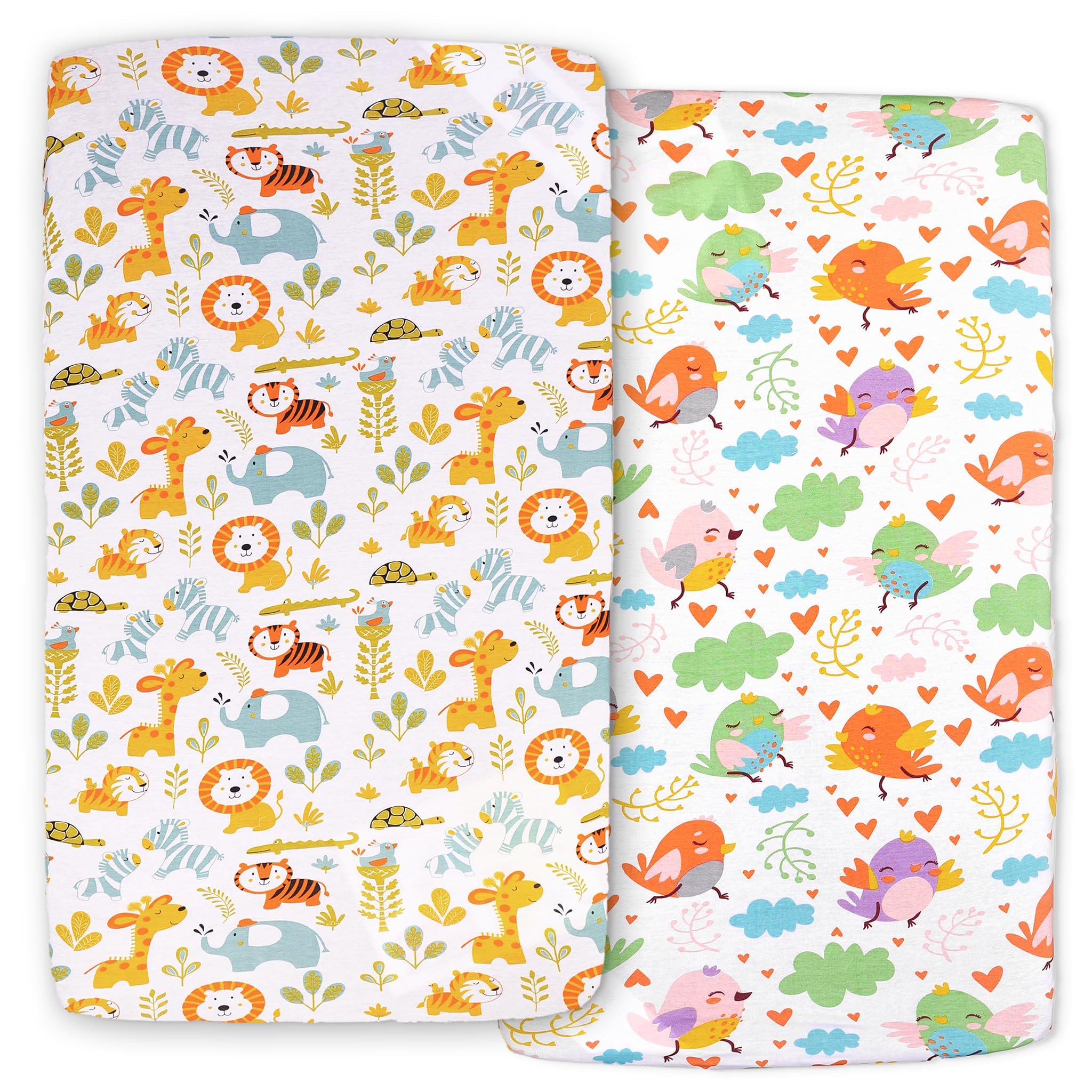 A Baby Cherry Fitted Crib Sheet 100% Organic Jersey Cotton 125 * 65CM, 2 Pack Super Soft and Cozy Crib Cover Set for Toddler Mattress, Crib Bedsheet for Boys & Girls, Bird & Jungle