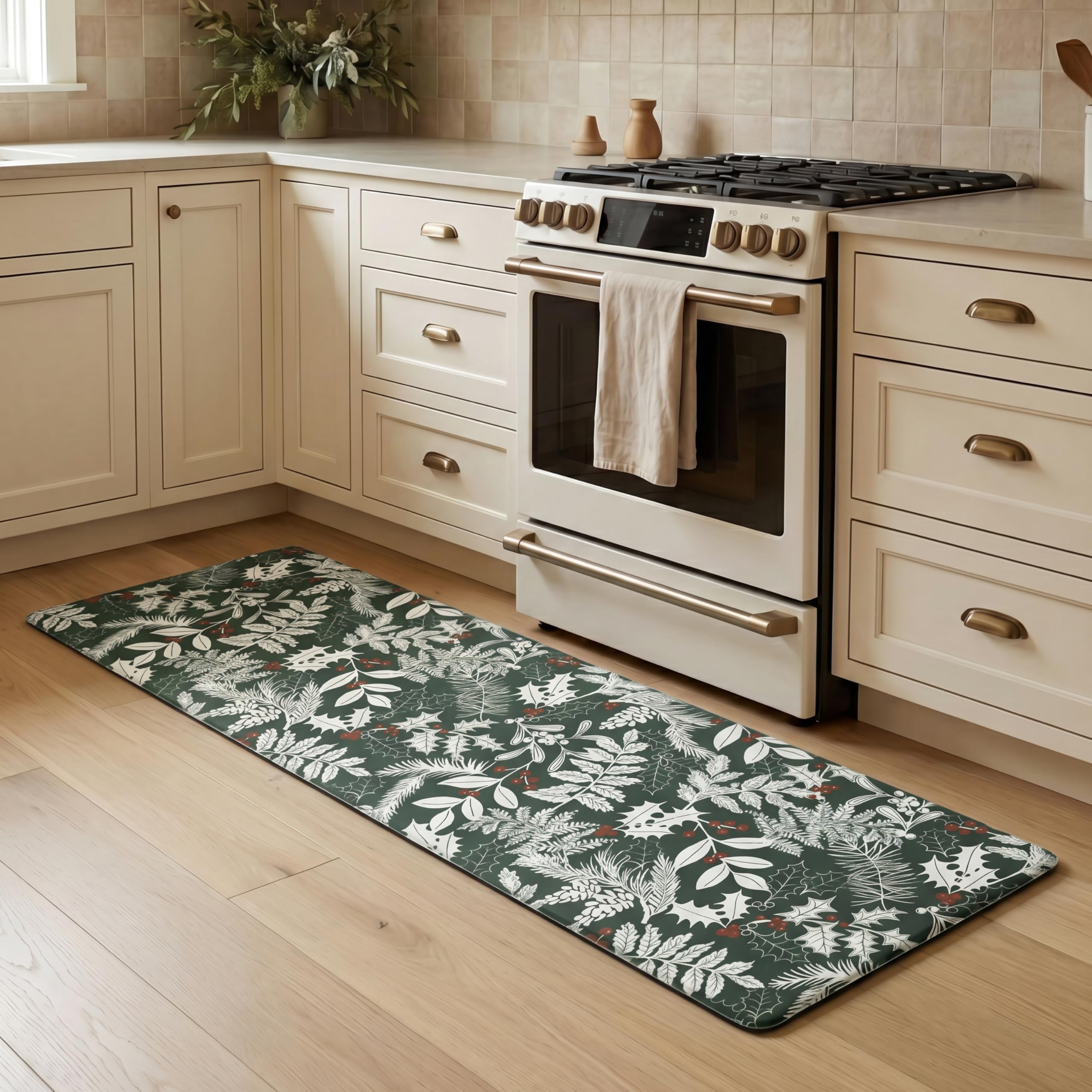 Laura Ashley Christmas Holly Leaves Anti Fatigue Kitchen Mat, Non Slip Cushioned Comfort Floor Mat, 17.5"x60", Green