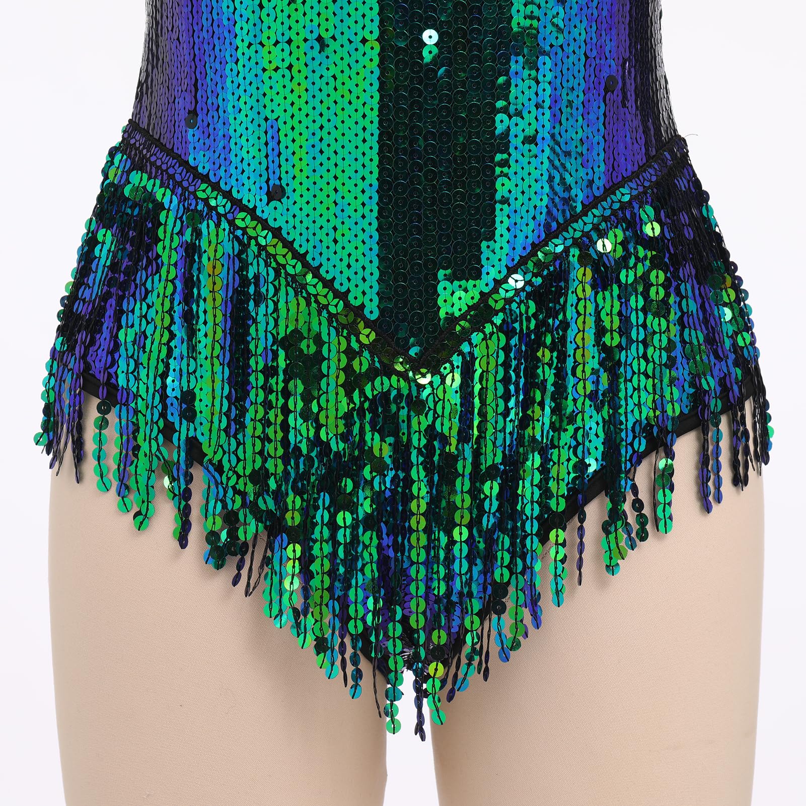 IMEKIS Lentejuelas Body Mujer Flecos Borla Body Halter Cuello Cuello V Música Festival Maillot Brillante Latino Jazz Tango Salón de Baile Disfraz Rave