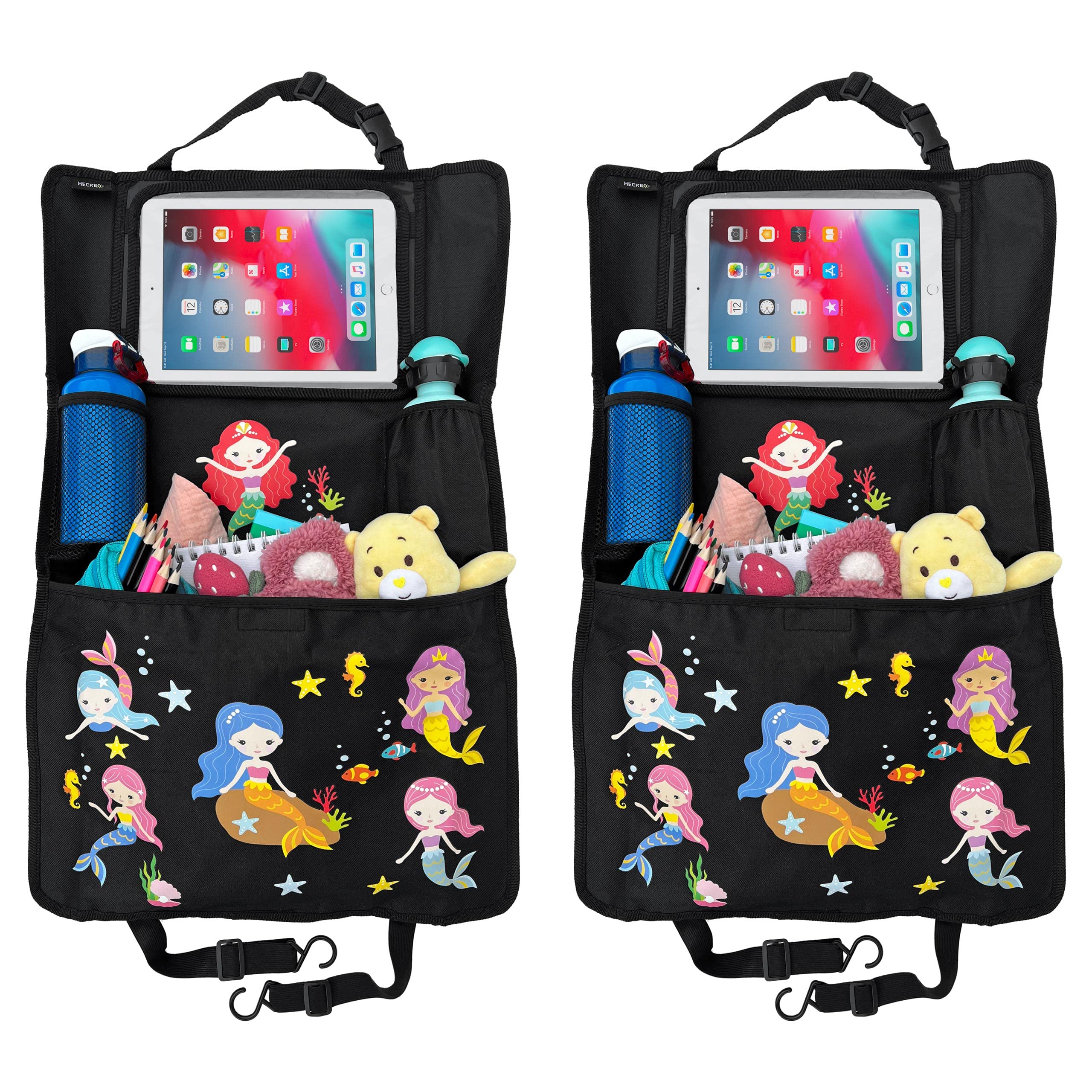 HECKBO 2x Children’s Car Seat Back Protector Organisers with Adjustable Tablet Holder & Storage Pockets - Mermaid Design