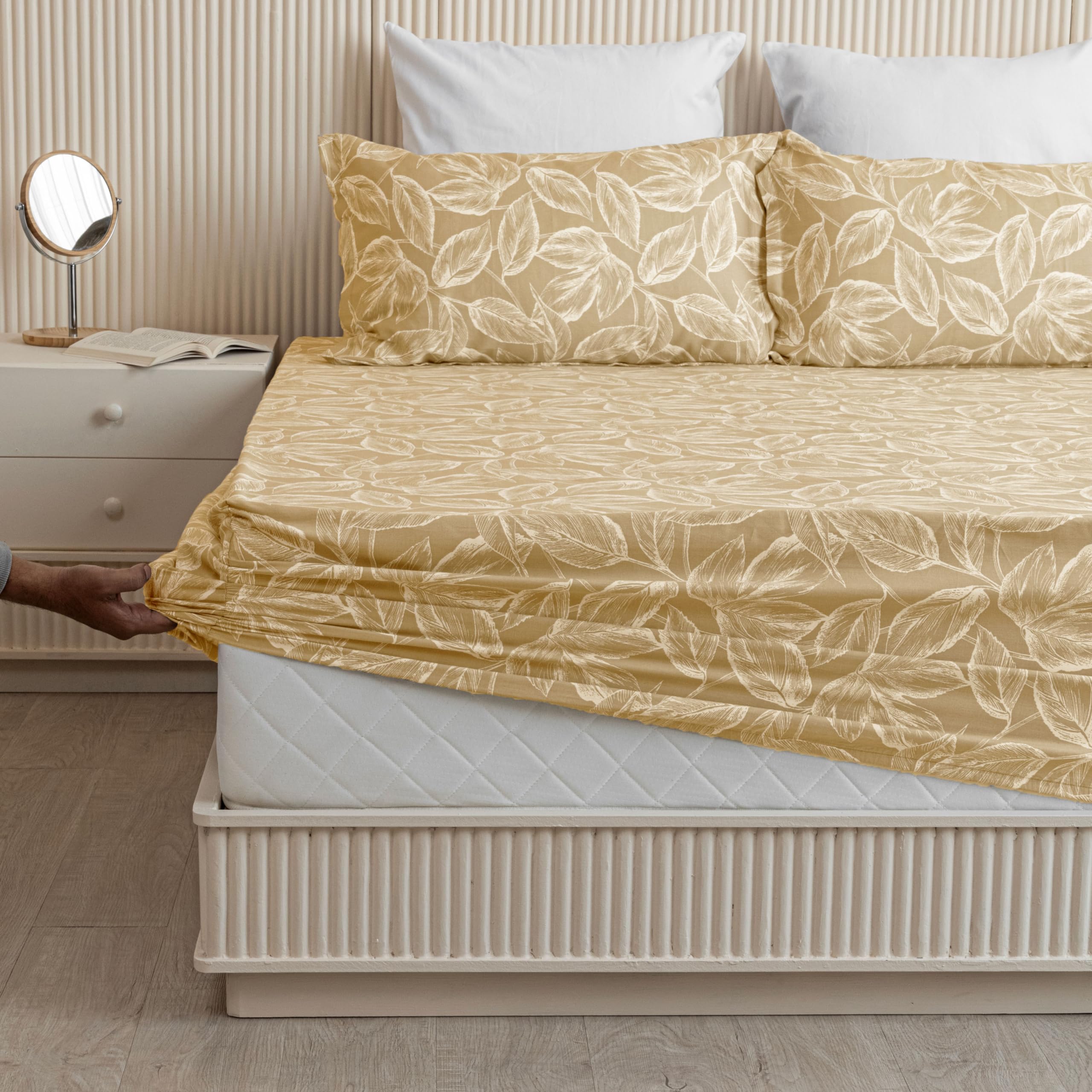 HOMEMONDE 100% Cotton Fitted Sheet Leaf Printed Single Size Elastic Fitted Bedsheet with 1 Pillow Cover Wrinkle Free Noiseless Bed Sheets - (72 x 36 Inches, Golden) (B0CRNQPCT6) Amazon Price History, Amazon Price Tracker