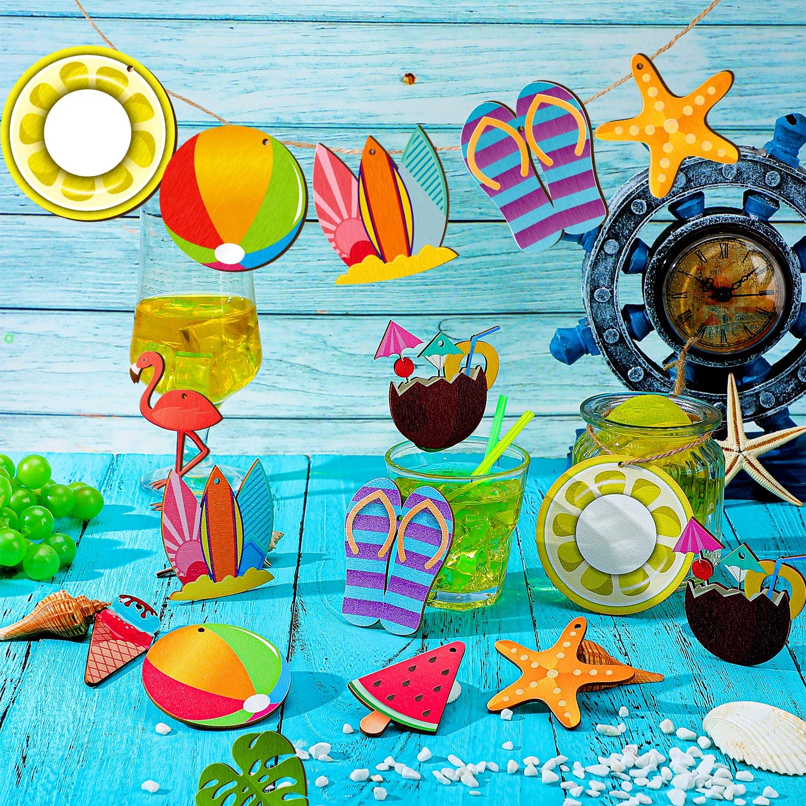 CANIPHA Sommer-Baumschmuck-Set – 36 Holzornamente Mit Seilen, Bunte Strandmotive, Für DIY-Deko Drinnen & Draußen