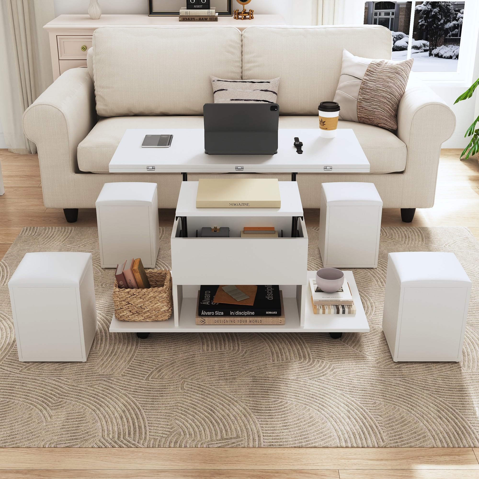 Mesa de Centro Elevable con Escritorio Elevable y 4 Taburetes Blandos, Mesa Central de Café con Tablero y Almacenamiento para salón, Mesa de Comedor Extensible, 100x100x64.5 cm, Blanco B